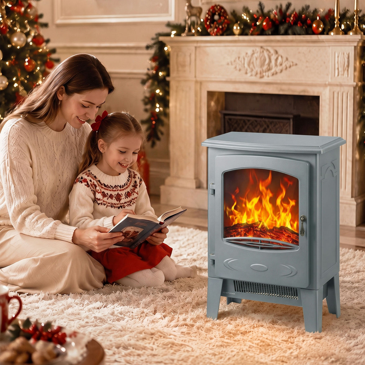 HOMCOM Electric Fireplace, Freestanding Electric Fire with Realistic Flame Effect, Log Burner, 1000W/ 2000W, Grey