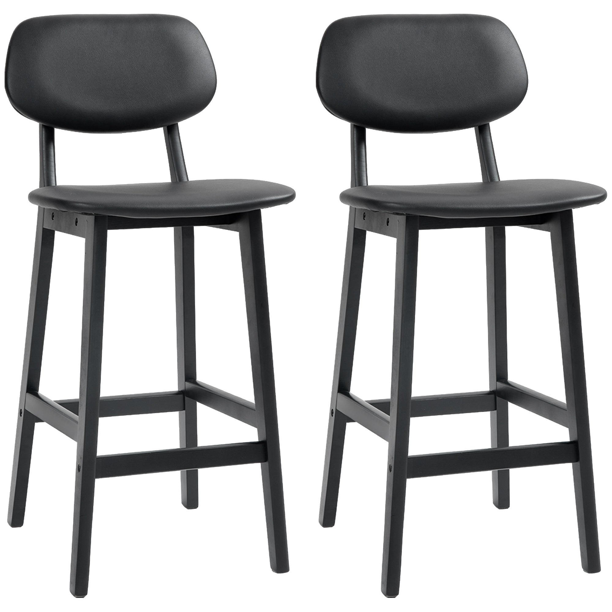 HOMCOM Set of Two Wooden Classic Bar Stools, with Faux Leather Seats - Black - North Peak Garden Furniture