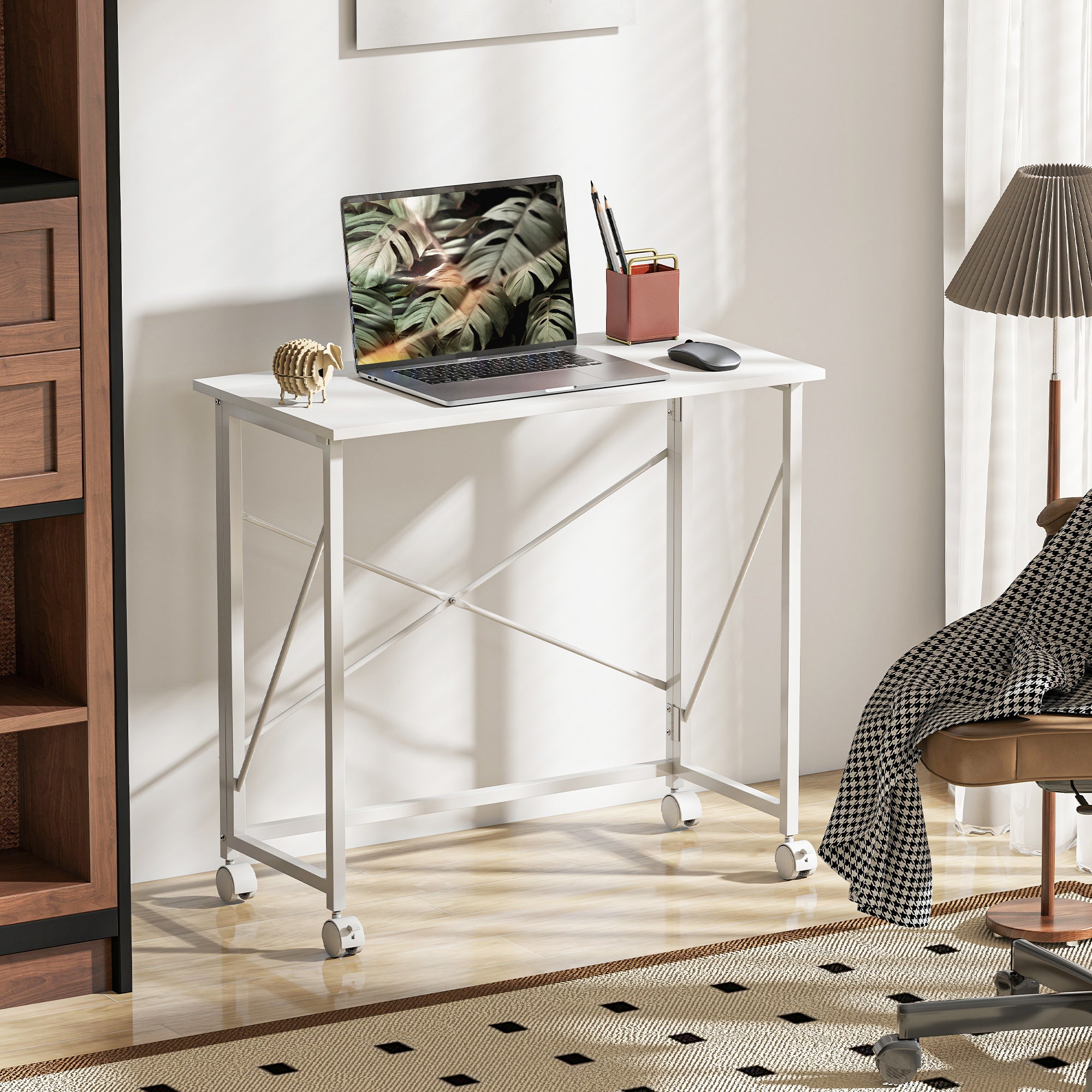 HOMCOM 80 cm Folding Desk on Wheels - White - North Peak Garden Furniture