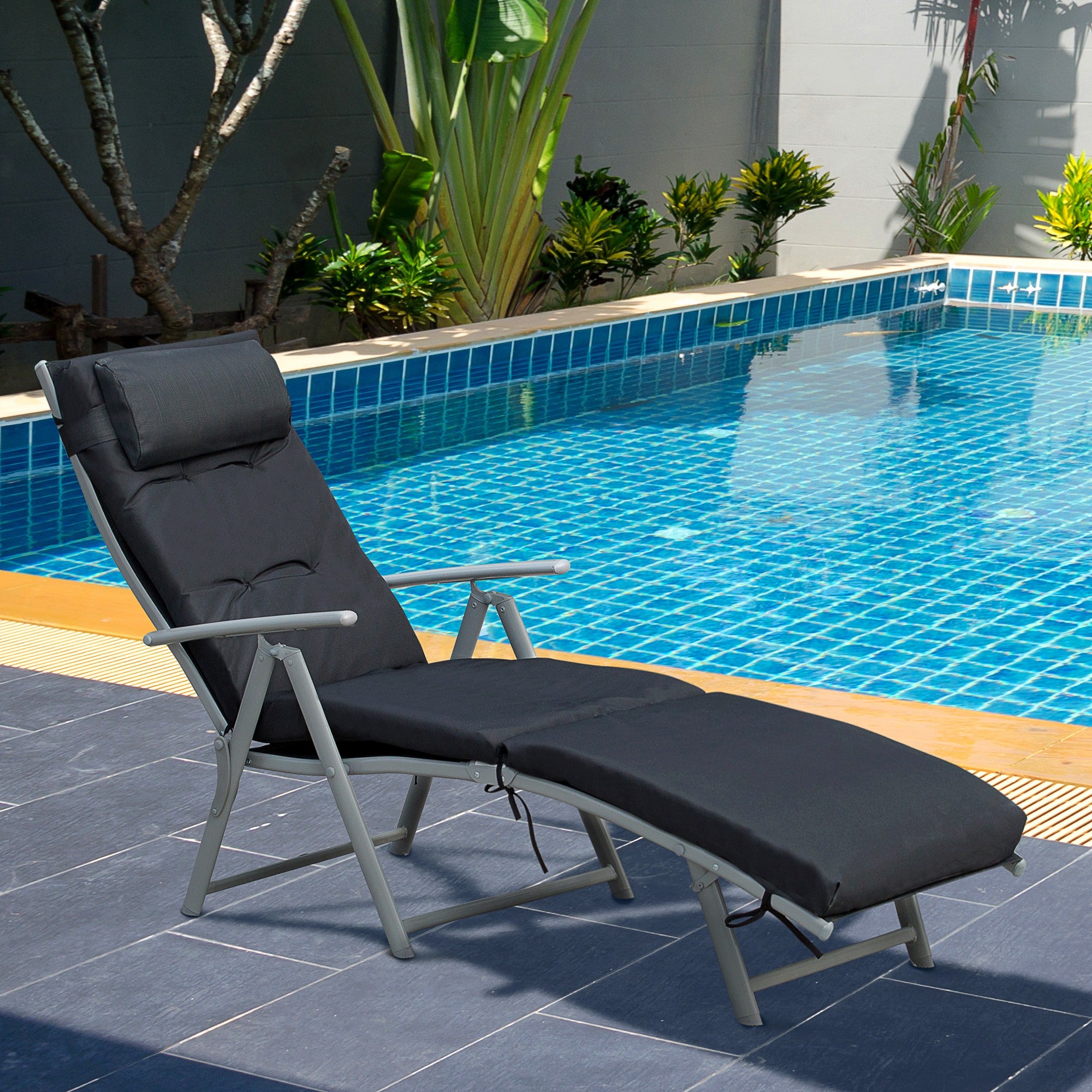 Outsunny Foldable Sun Lounger Garden Texteline Reclining Chair w/ Pillow, Adjustable Back, Thickened Cushion, Black