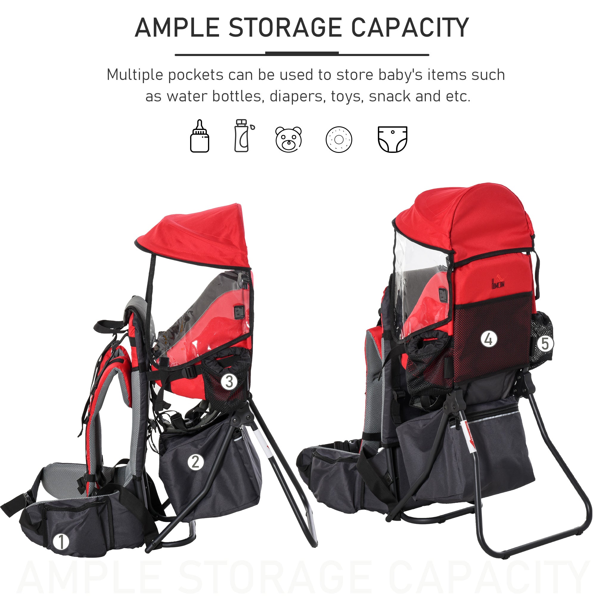 HOMCOM Baby Hiking Backpack Carrier Child Carrier with Ergonomic Hip Seat Detachable Rain Cover Adjustable Straps Stand for Toddler 6 - 36 Months Red - North Peak Garden Furniture