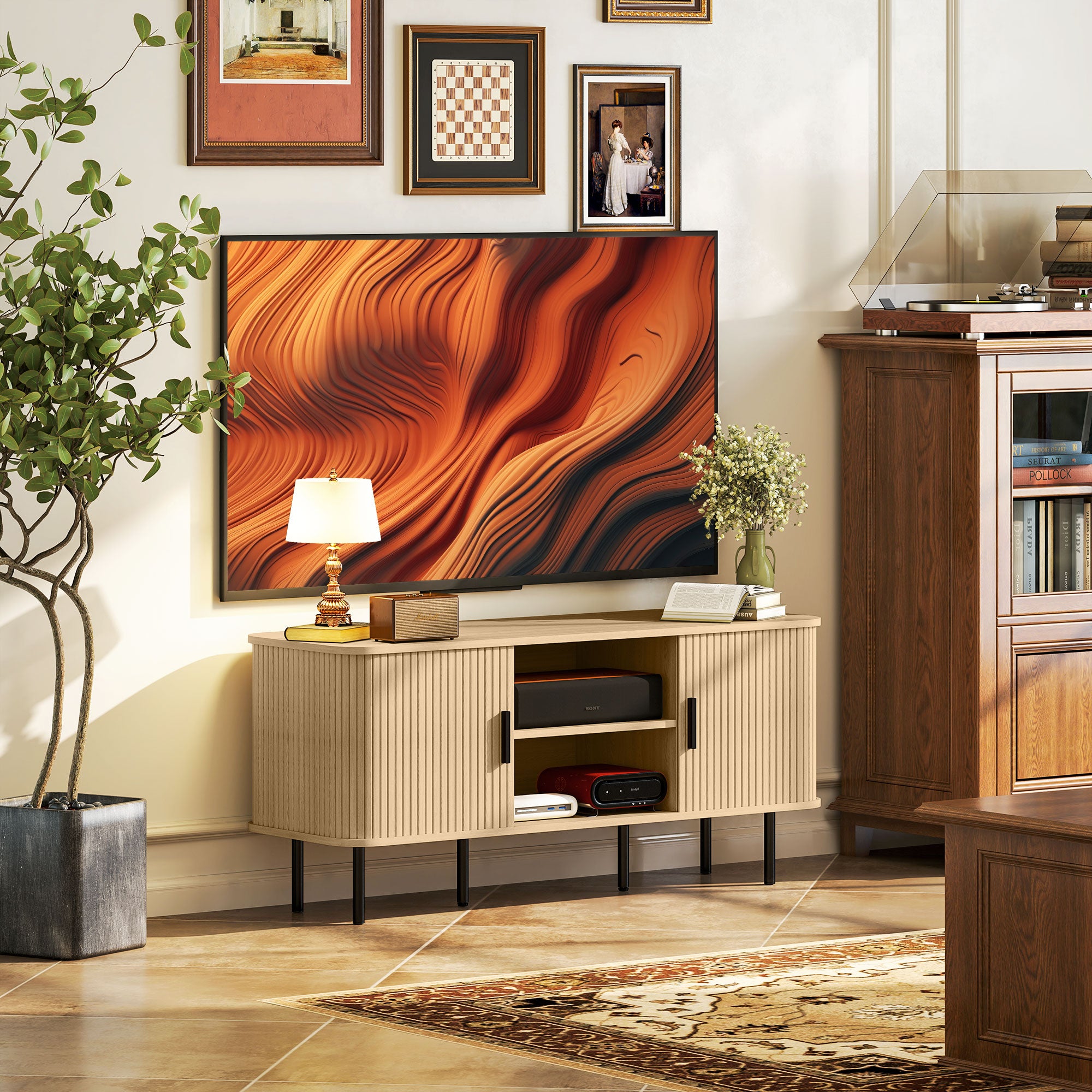HOMCOM TV Stand Cabinet for TVs up to 55 Inches, TV Unit with Storage Shelves and Cupboard for Living Room, Oak Tone - North Peak Garden Furniture