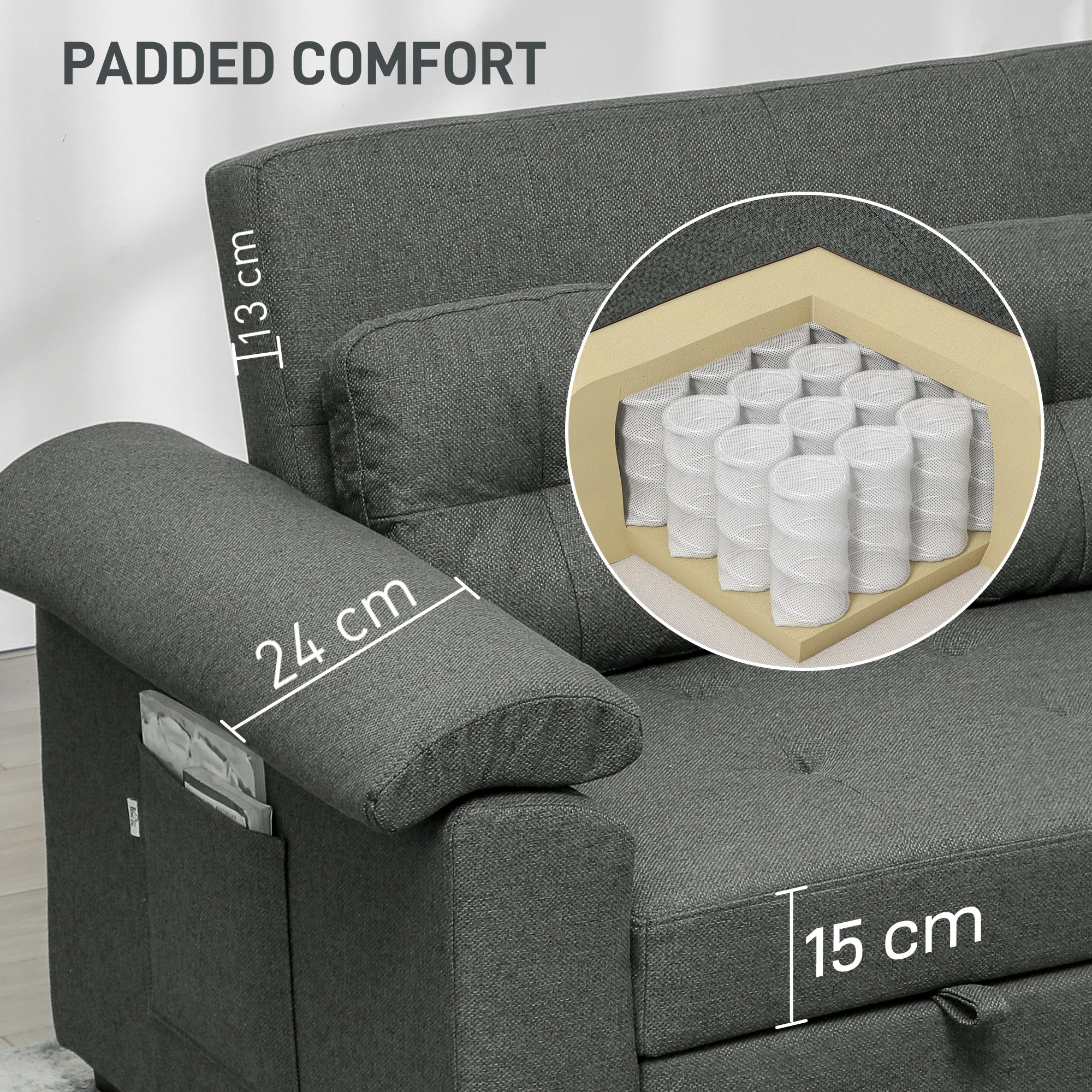 HOMCOM Pull Out Sofa Bed with 2 Pocket Springs, Fabric 2 Seater Click Clack Sofa Bed Settee, Convertible Sofa Couch with Pillows and Side Pockets for Living Room, Home Office, Charcoal Grey - North Peak Garden Furniture