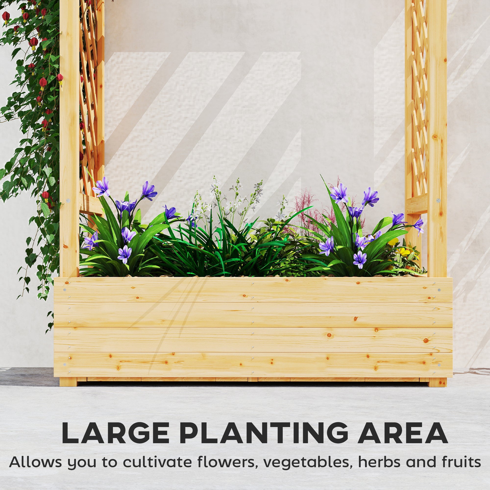 Outsunny Garden Planter with Trellis, Wooden Raised Bed for Garden with Hanging Roof and Drainage Holes, Outdoor Trellis Planter Box for Vegetables, Herbs and Flowers, 110 x 44 x 113 cm, Natural