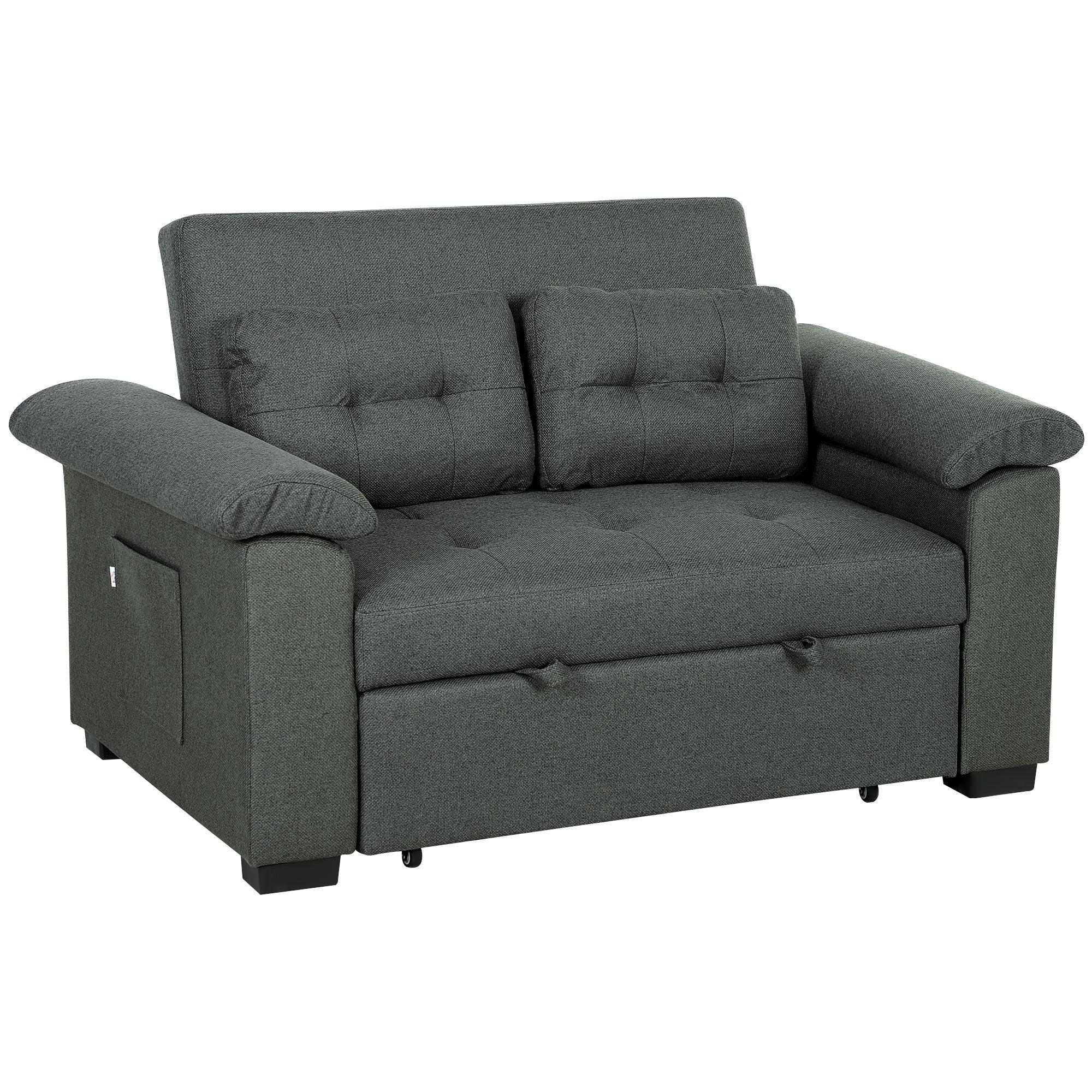 HOMCOM Pull Out Sofa Bed with 2 Pocket Springs, Fabric 2 Seater Click Clack Sofa Bed Settee, Convertible Sofa Couch with Pillows and Side Pockets for Living Room, Home Office, Charcoal Grey - North Peak Garden Furniture