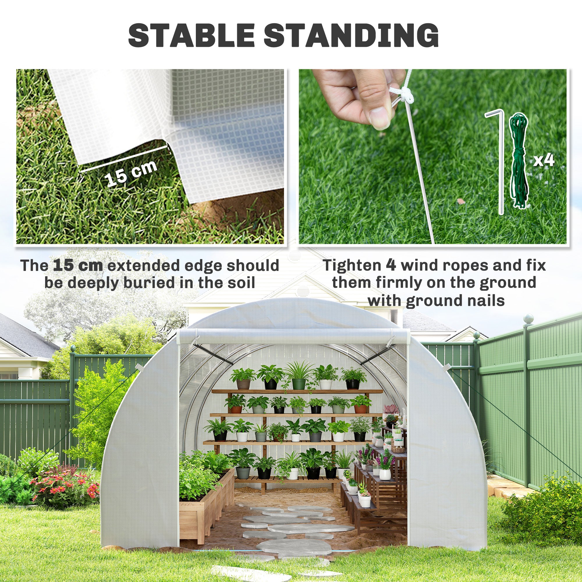 Outsunny 6 x 3 x 2 m Polytunnel Greenhouse, Walk in Polytunnel Tent with Metal Frame, Zippered Door and 8 Windows for Garden and Backyard, White