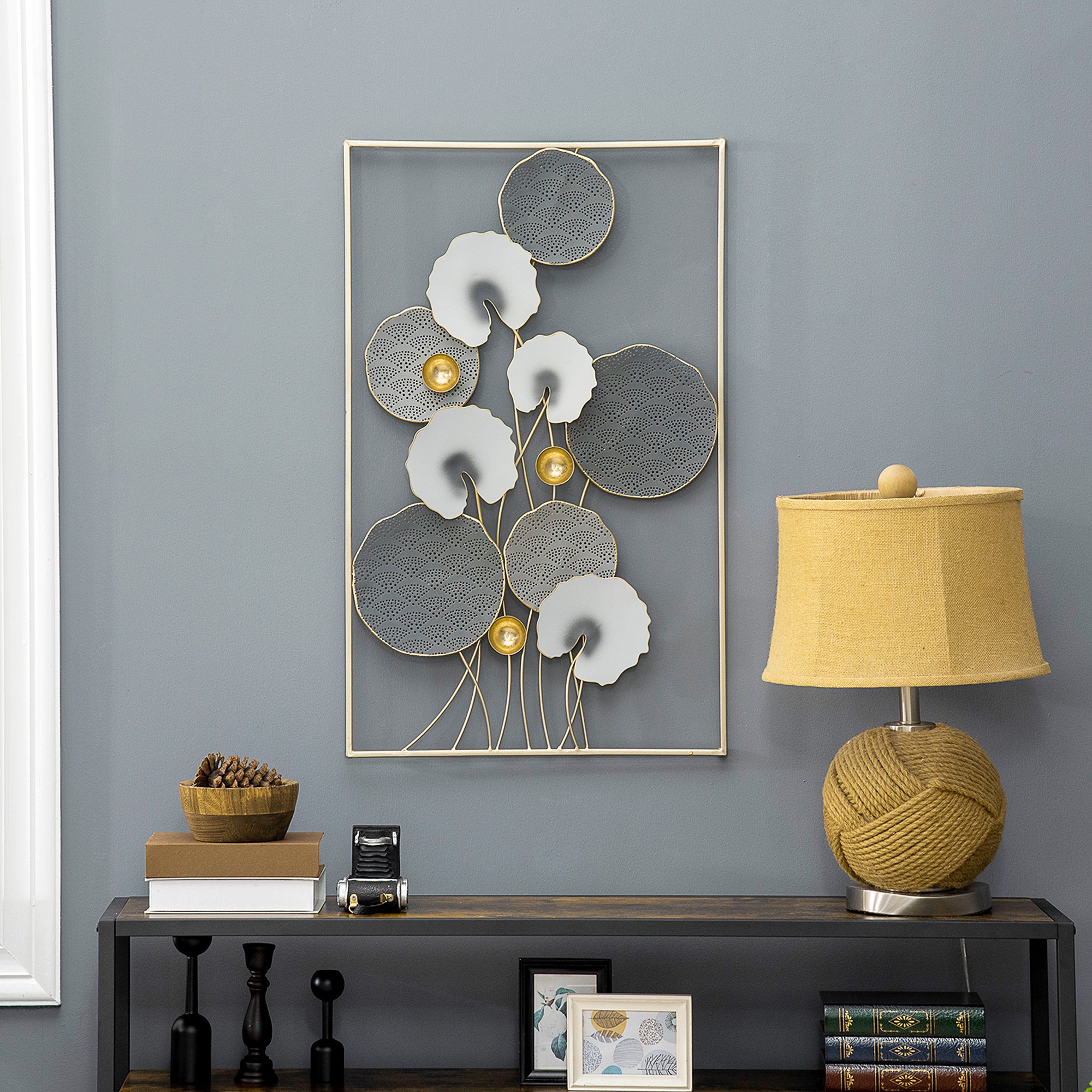 HOMCOM 3D Metal Wall Art Modern Lotus Leaves Hanging Wall Sculpture Home Decor for Living Room Bedroom Dining Room, Grey Gold |