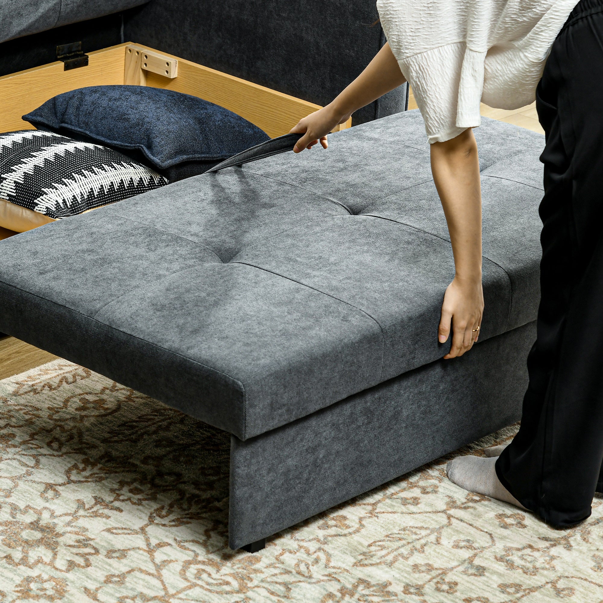HOMCOM 2 Seater Sofa Bed, Convertible Bed Settee, Modern Fabric Loveseat Sofa Couch with 2 Cushions, Hidden Storage for Living Room, Guest Room, Dark Grey - North Peak Garden Furniture