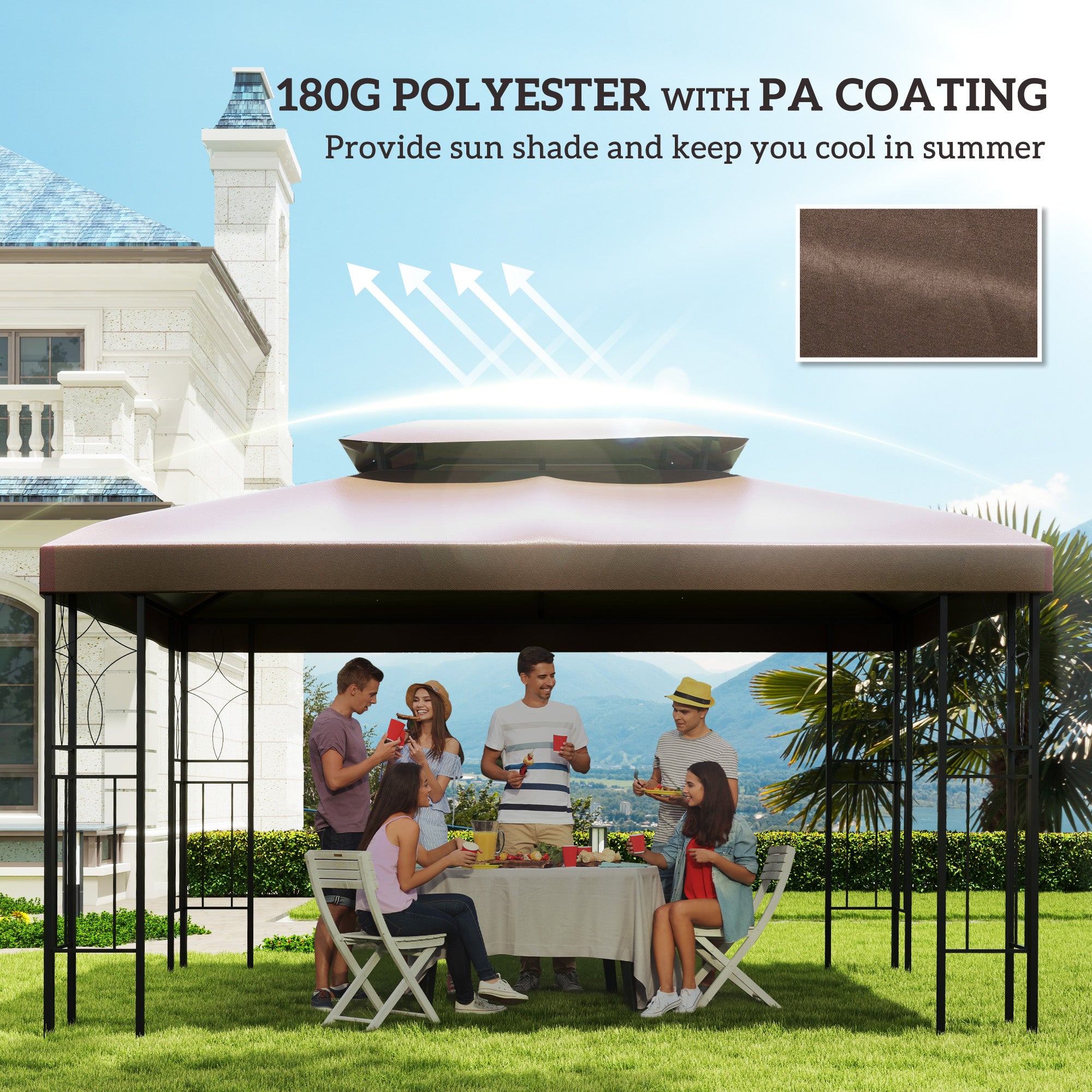 Outsunny 3x4m Gazebo Canopy Replacement Cover, 2 Tier Top Roof UV Cover Garden Patio Outdoor Sun Awning Shelters, Brown (TOP COVER ONLY) - North Peak Garden Furniture
