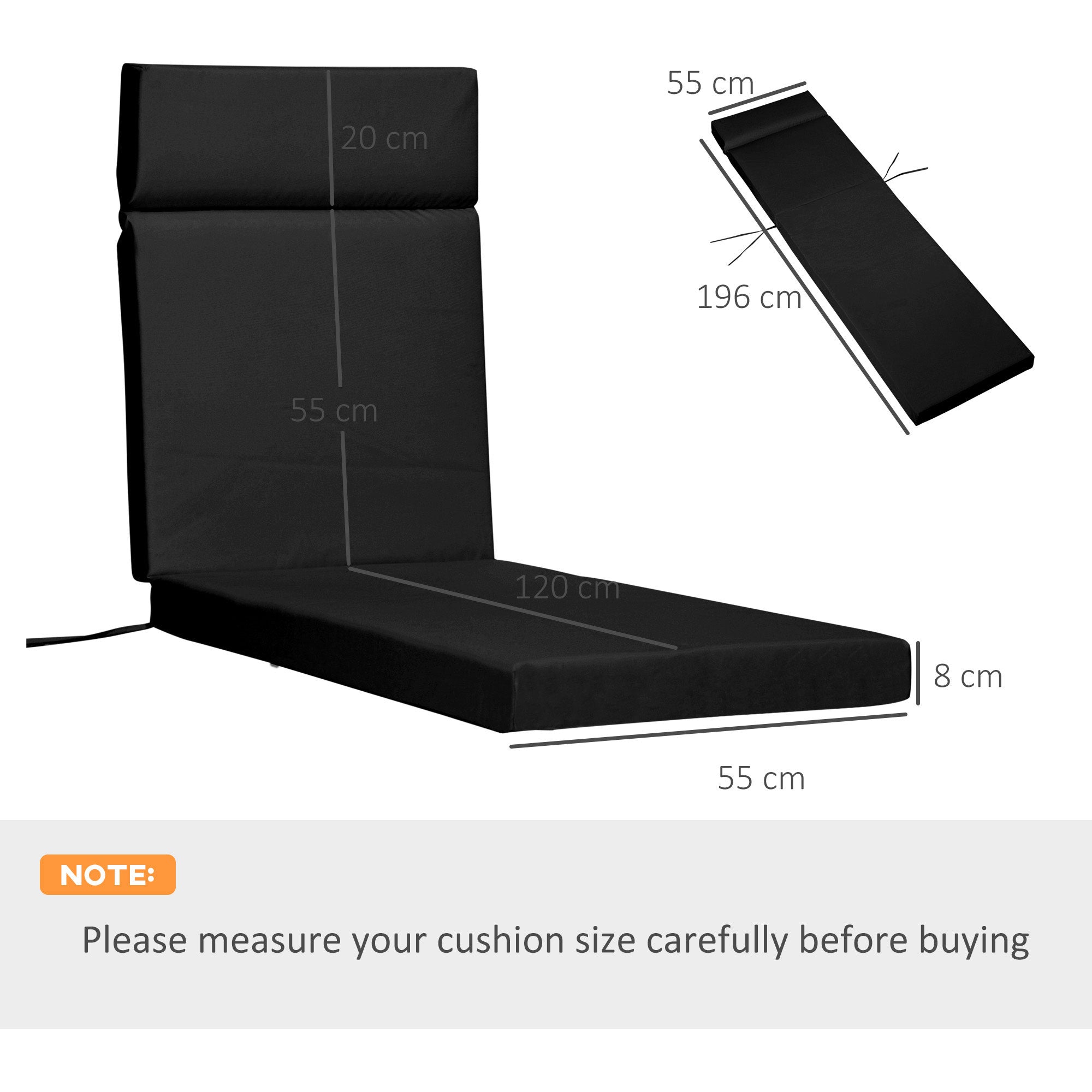 Outsunny Set of 2 Sun Lounger Cushions, Replacement Cushions for Rattan Furniture with Ties, 196 x 55 cm, Black - North Peak Garden Furniture