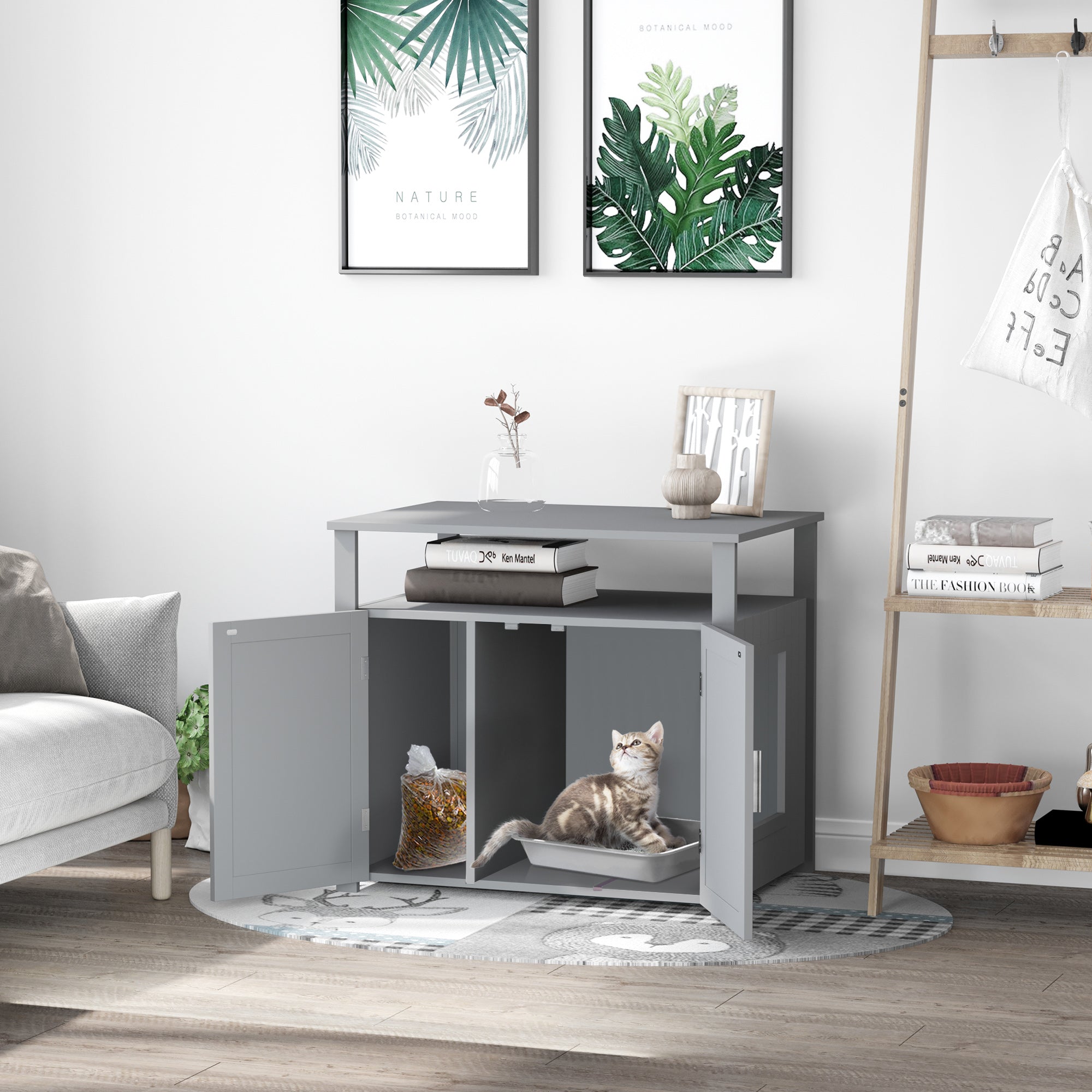 PawHut Wooden Cat Litter Box Enclosure Furniture with Adjustable Interior Wall & Large Tabletop for Nightstand, Grey - North Peak Garden Furniture