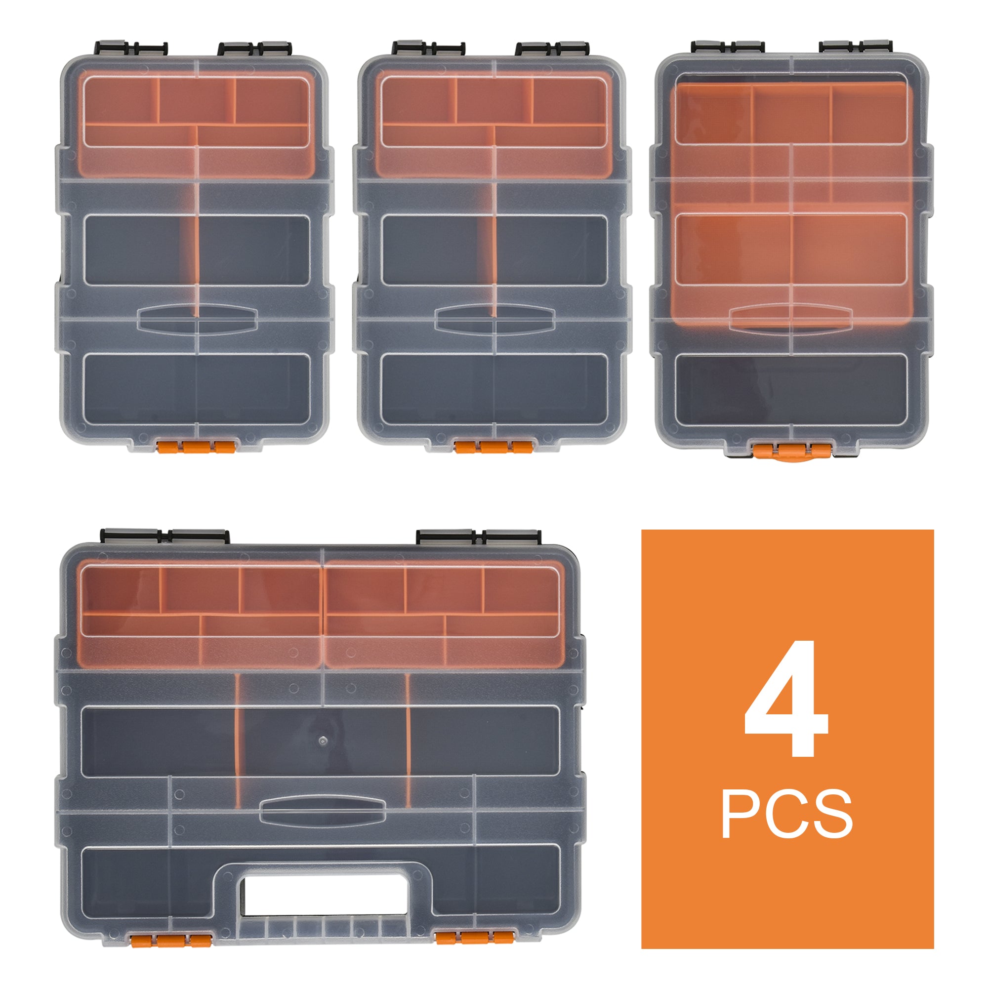 DURHAND Set Of 4 Plastic DIY Tool Storage Boxes w/ Inside Dividers Locking Lids Home Garage Organisation Stacking Arts Crafts Bolts Black Orange - North Peak Garden Furniture
