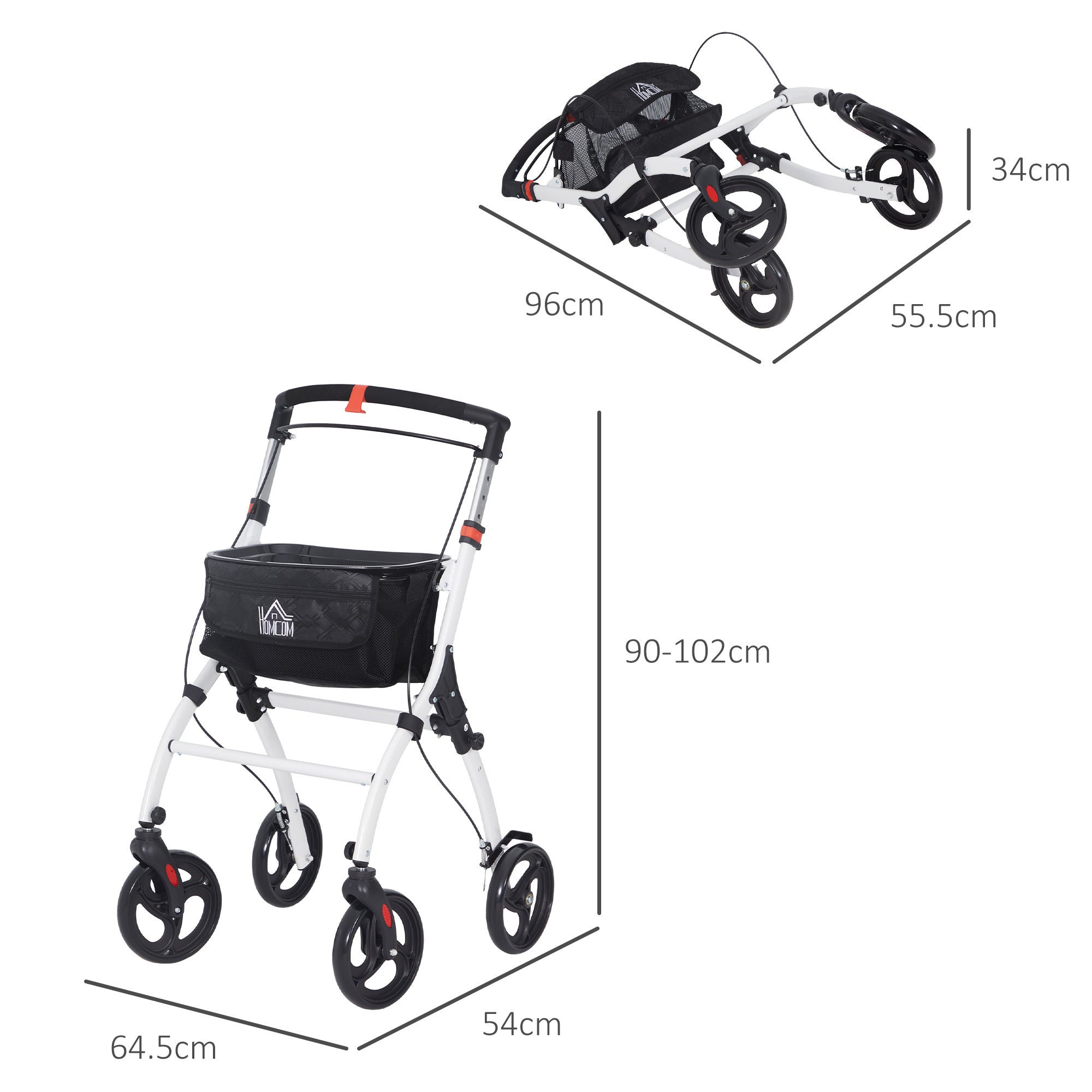 HOMCOM Folding Upright Rollator Walker with Lightweight Walking Frame, Storage Bag, Tray, Dual Brakes, Adjustable Handle Height, Mobility Aid Rolling 4 Wheeled Walker for Seniors, White - North Peak Garden Furniture