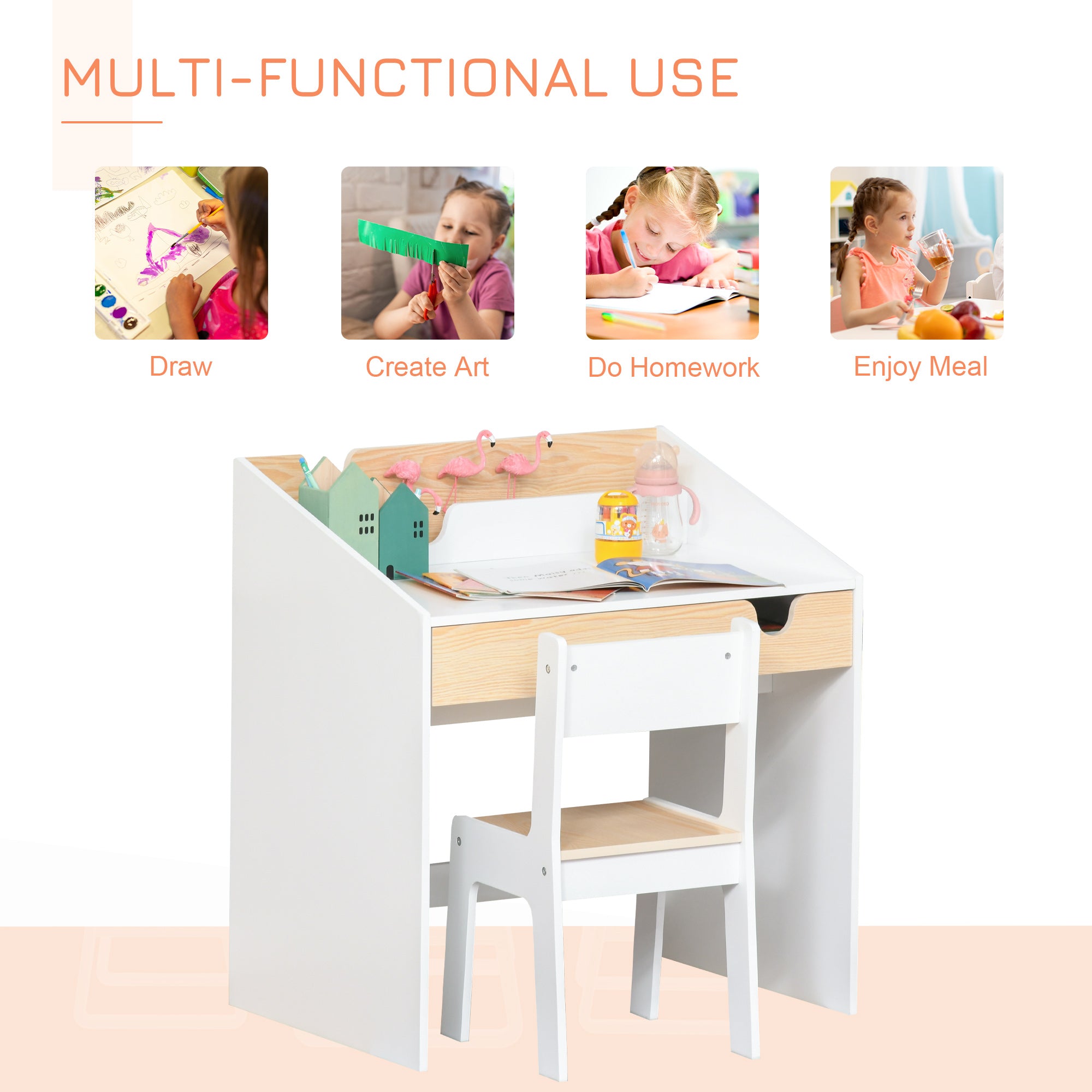 HOMCOM Kids Desk and Chair Set 2 Pieces Children Study Table with Storage Pull-Out Drawer Bookshelf for 3-6 Years Writing, Reading, Drawing - North Peak Garden Furniture