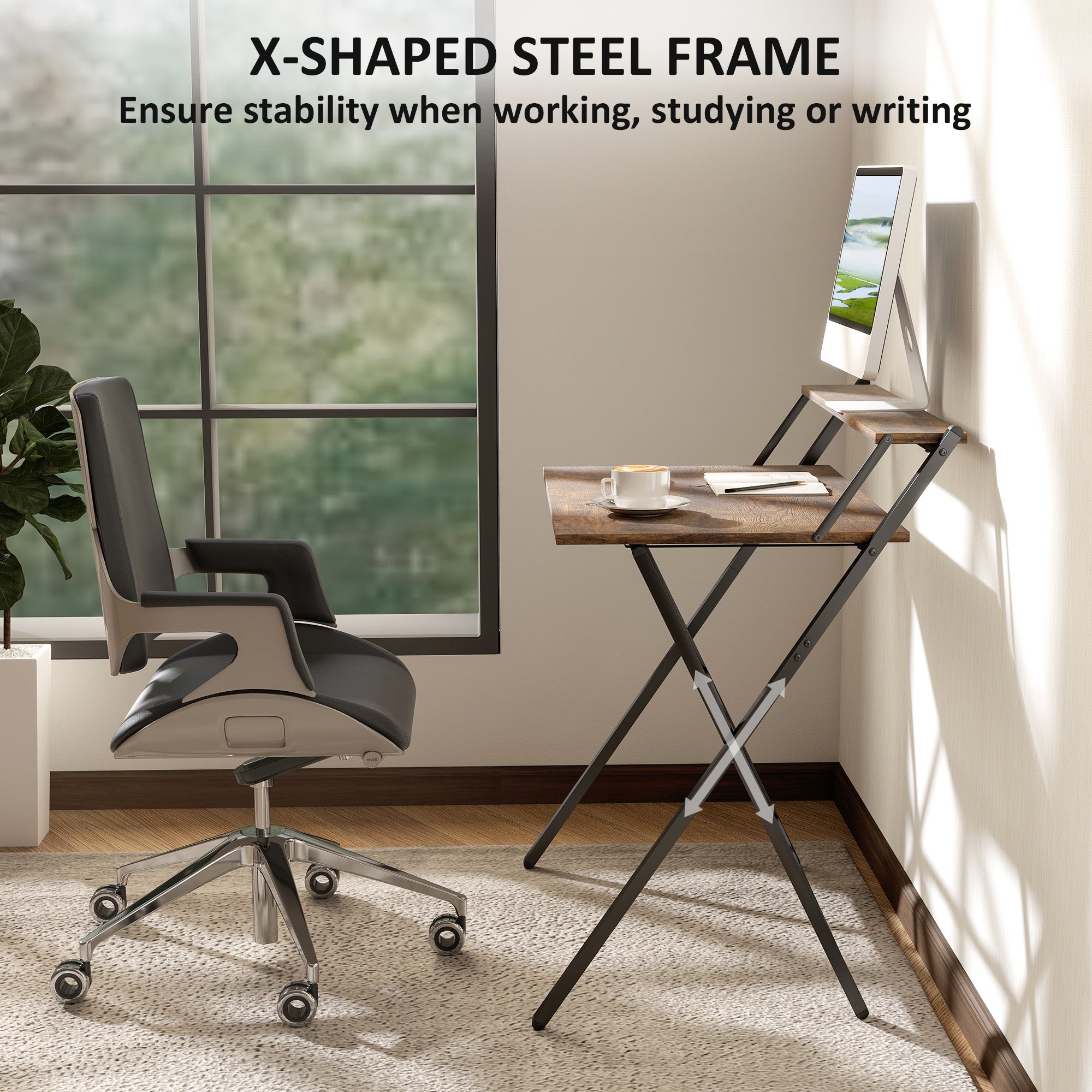 HOMCOM 81.5 cm Folding Computer Desk with Monitor Shelf - Rustic Brown - North Peak Garden Furniture