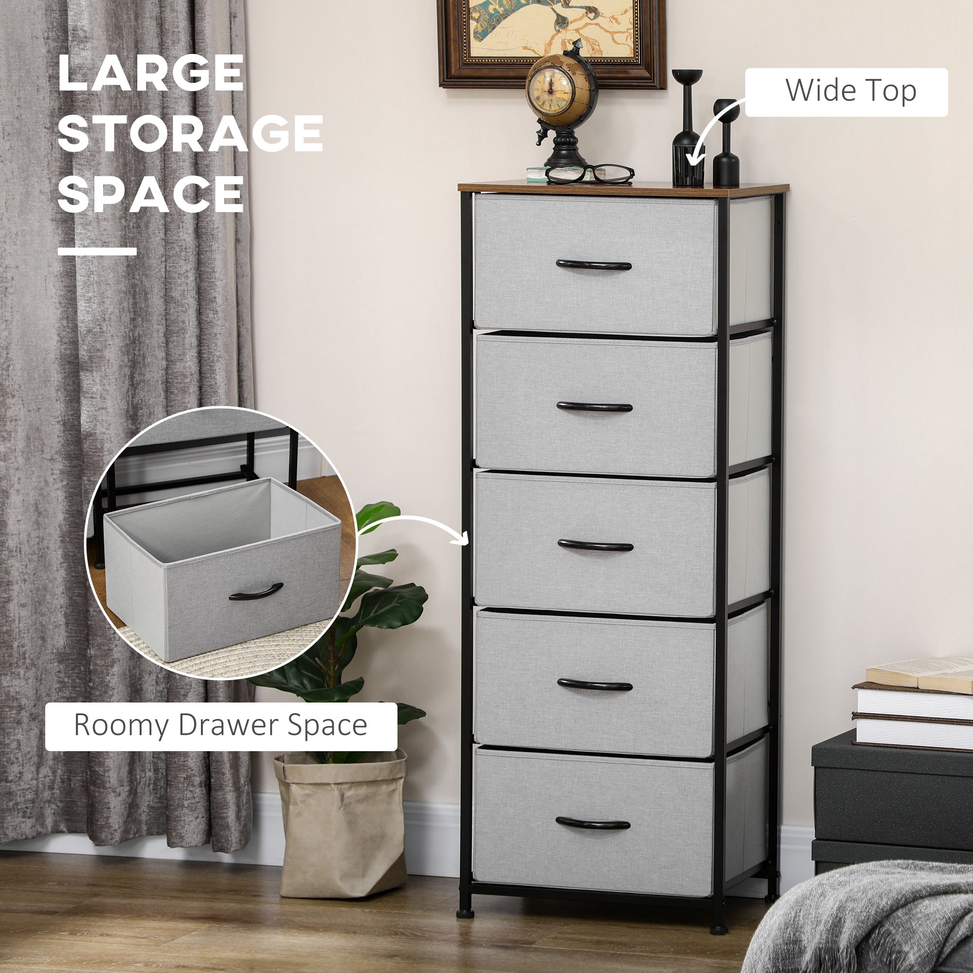 HOMCOM Fabric Chest of Drawers, Storage Drawers, Industrial Bedroom Dresser with 5 Fabric Drawers, Steel Frame and Wooden Top for Nursery, Living Room, Closet, Hallway, Grey - North Peak Garden Furniture
