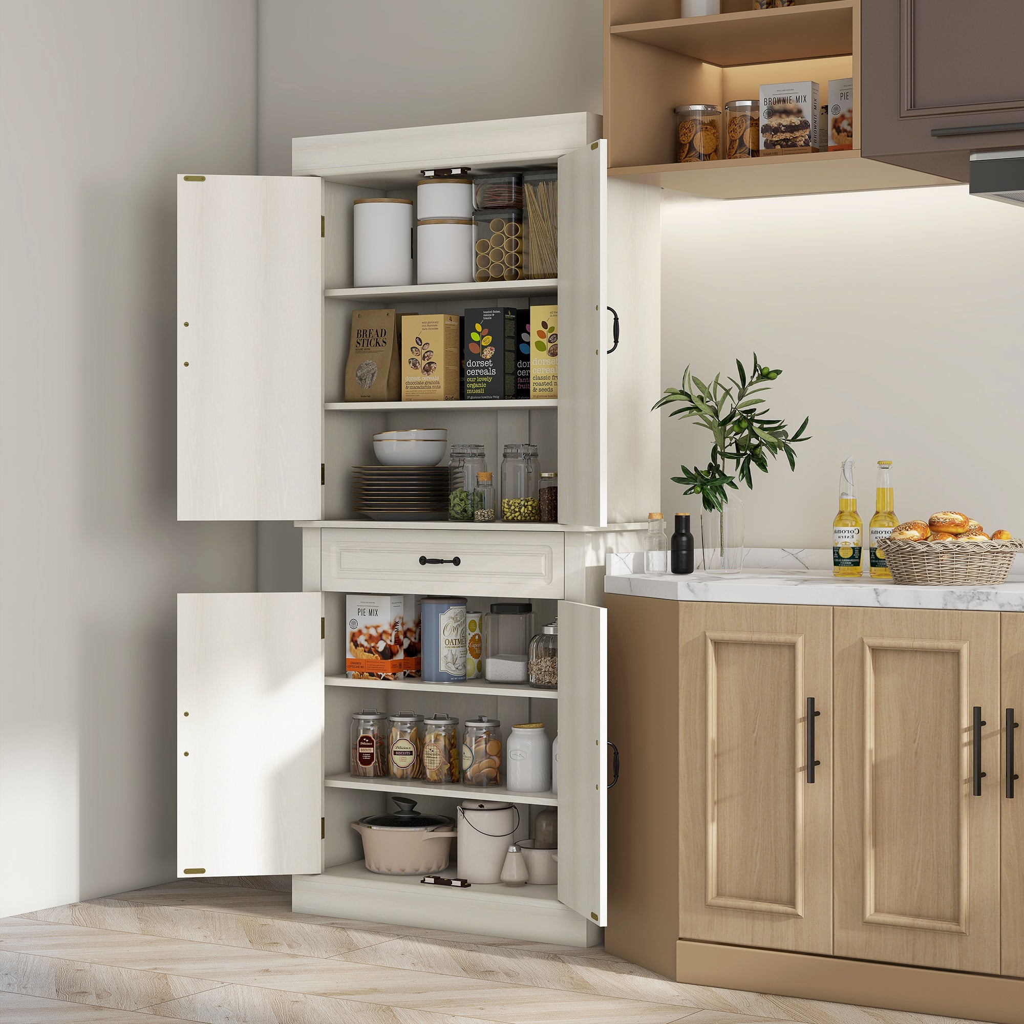 HOMCOM Kitchen Cupboard with 4 Doors, Freestanding Storage Cabinet with Wide Drawer and Shelves for Living Room, 180cm, White Wood Grain - North Peak Garden Furniture