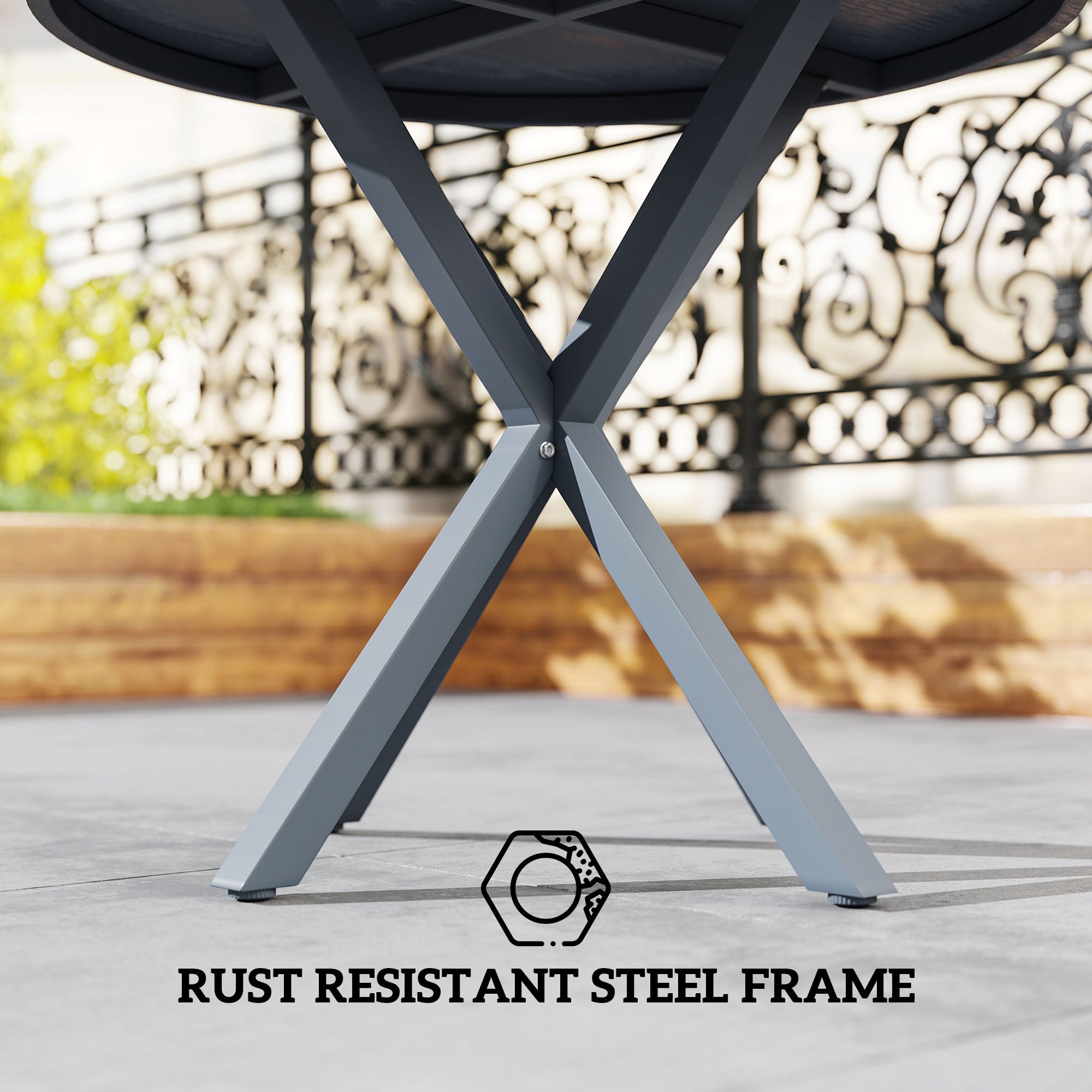 Outsunny Garden Table, 85cm Round Outdoor Dining Table with Steel Frame, Wood Effect Top, for Balcony, Deck, Dark Grey - North Peak Garden Furniture