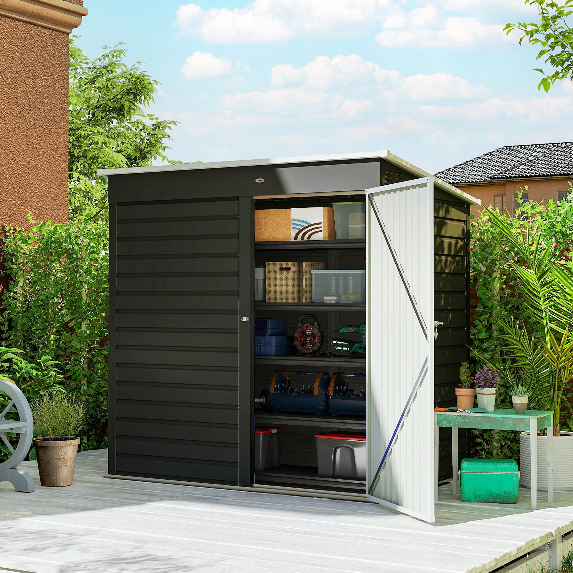 Outsunny 6 x 4ft Metal Garden Storage Shed, Outdoor Tool Storage Shed with Lockable Door and Gloves for Garden, Patio, Dark Grey