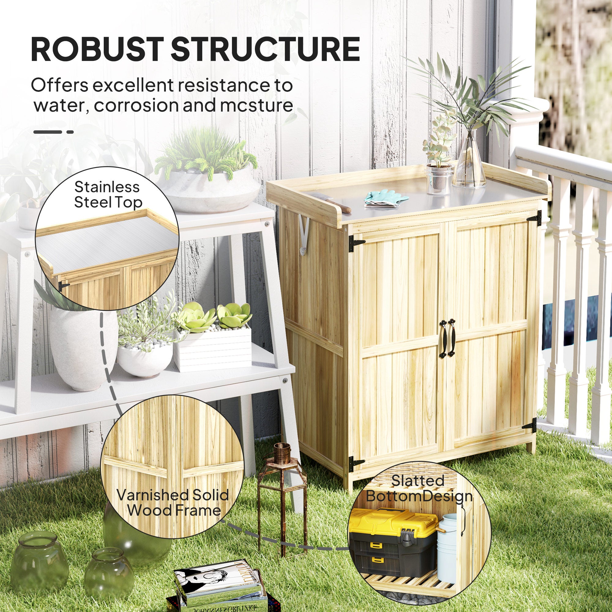 Outsunny 43 x 74cm Fir Wood Shed, with Metal Worktop - Natural Finish - North Peak Garden Furniture