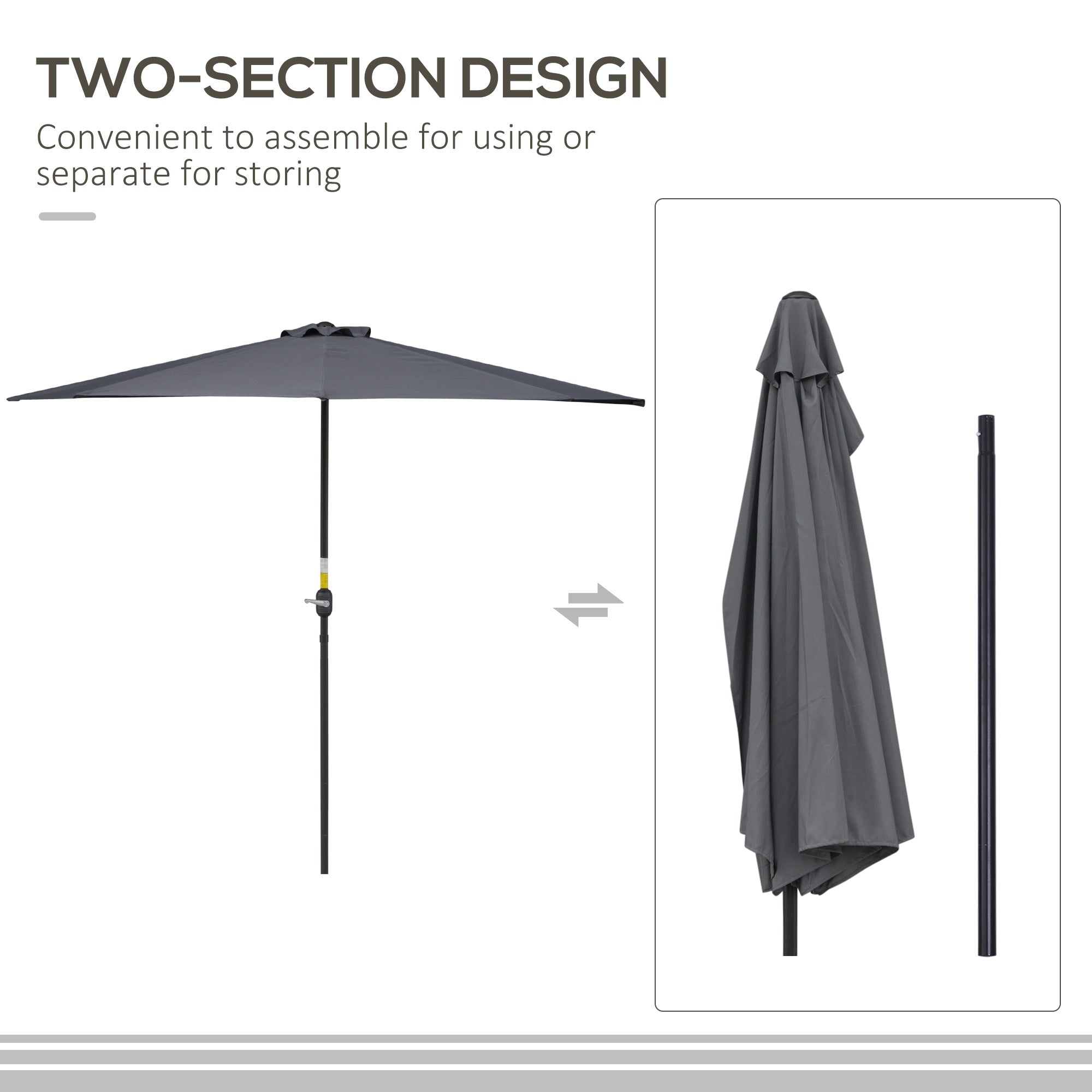 Outsunny 3(m) Half Parasol Semi Round Umbrella Patio Metal Frame Crank Handle for Balcony-- NO BASE INCLUDED, Grey - North Peak Garden Furniture
