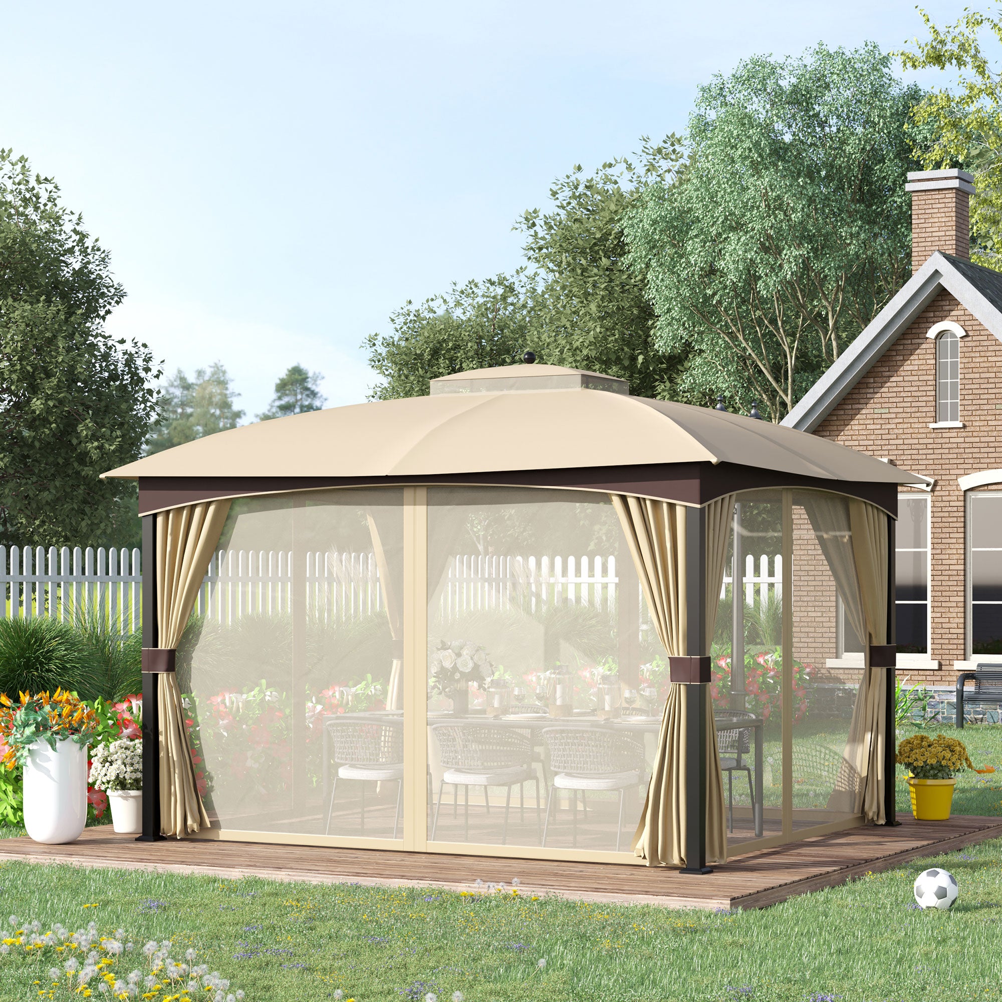 Outsunny 4 x 3(m) Patio Metal Gazebo, Garden Canopy Shelter with Double Tier Roof, Removable Netting and Curtains Marquee Tent, Khaki