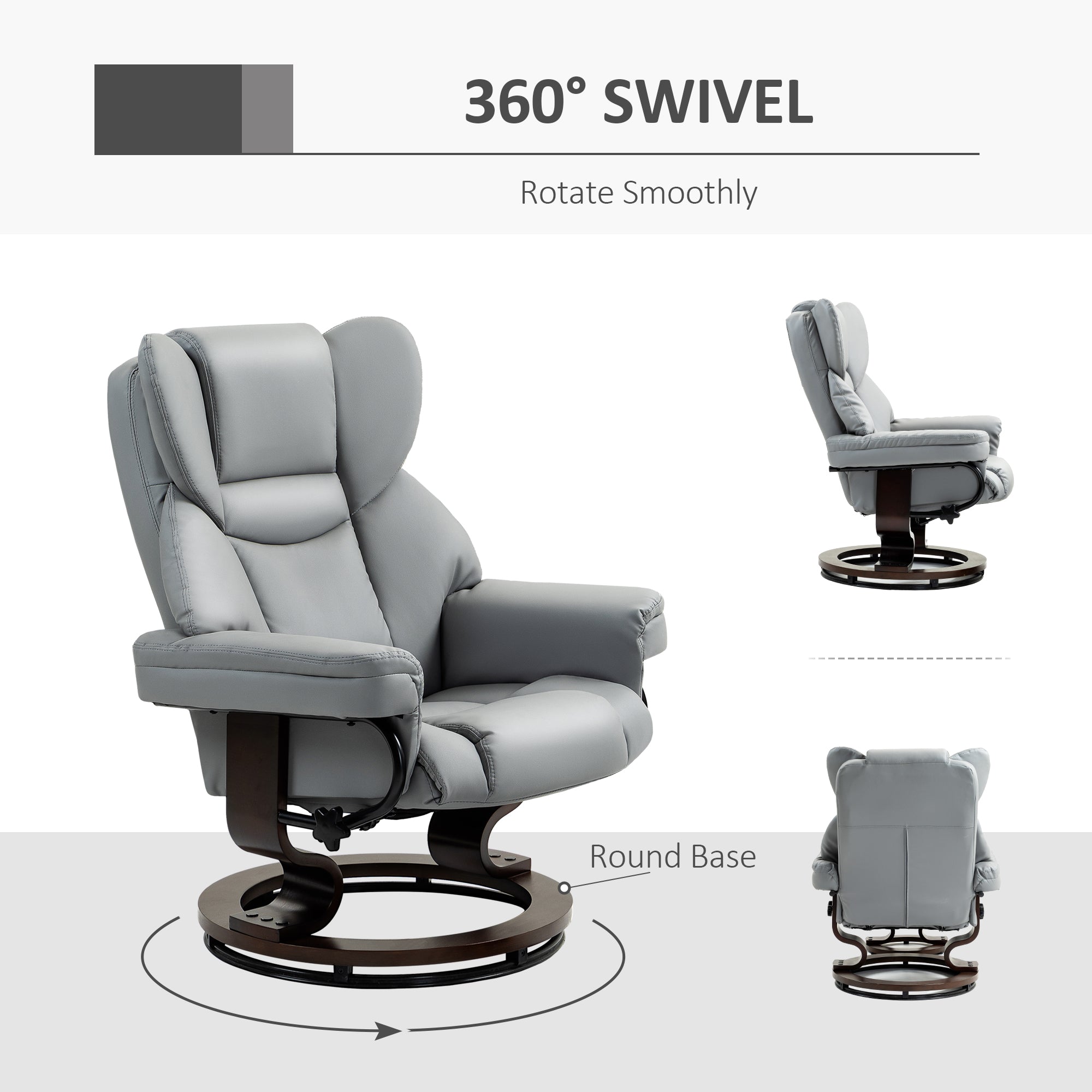 HOMCOM Faux Leather Recliner Chair and Footstool, Swivel Upholstered Armchair and Footstool with Adjustable Backrest, Solid Wood Base for Living Room, Light Grey - North Peak Garden Furniture