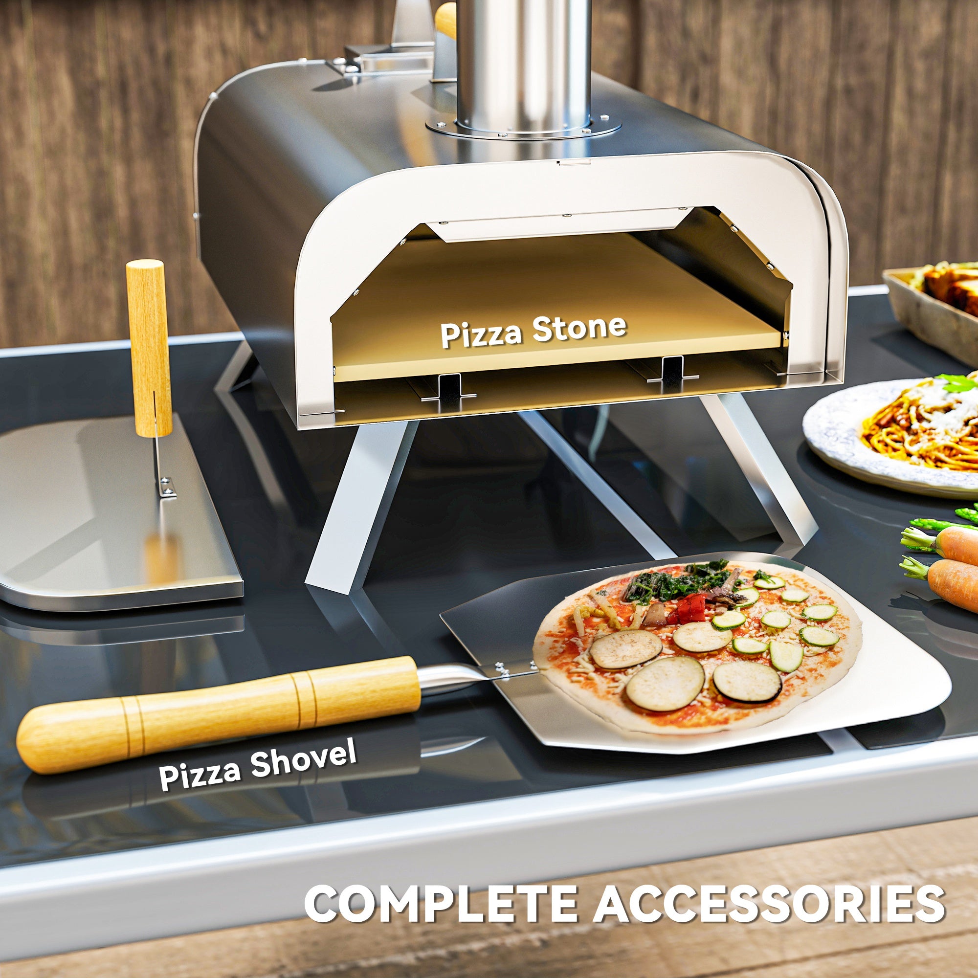 Outsunny Outdoor Pizza Oven, Portable Wood Pellet Pizza Oven with Pizza Stone and Peel, Foldable Legs, Chimney, 12 Inch Wood Fired Pizza Maker for Outdoor Cooking, Stainless Steel - North Peak Garden Furniture