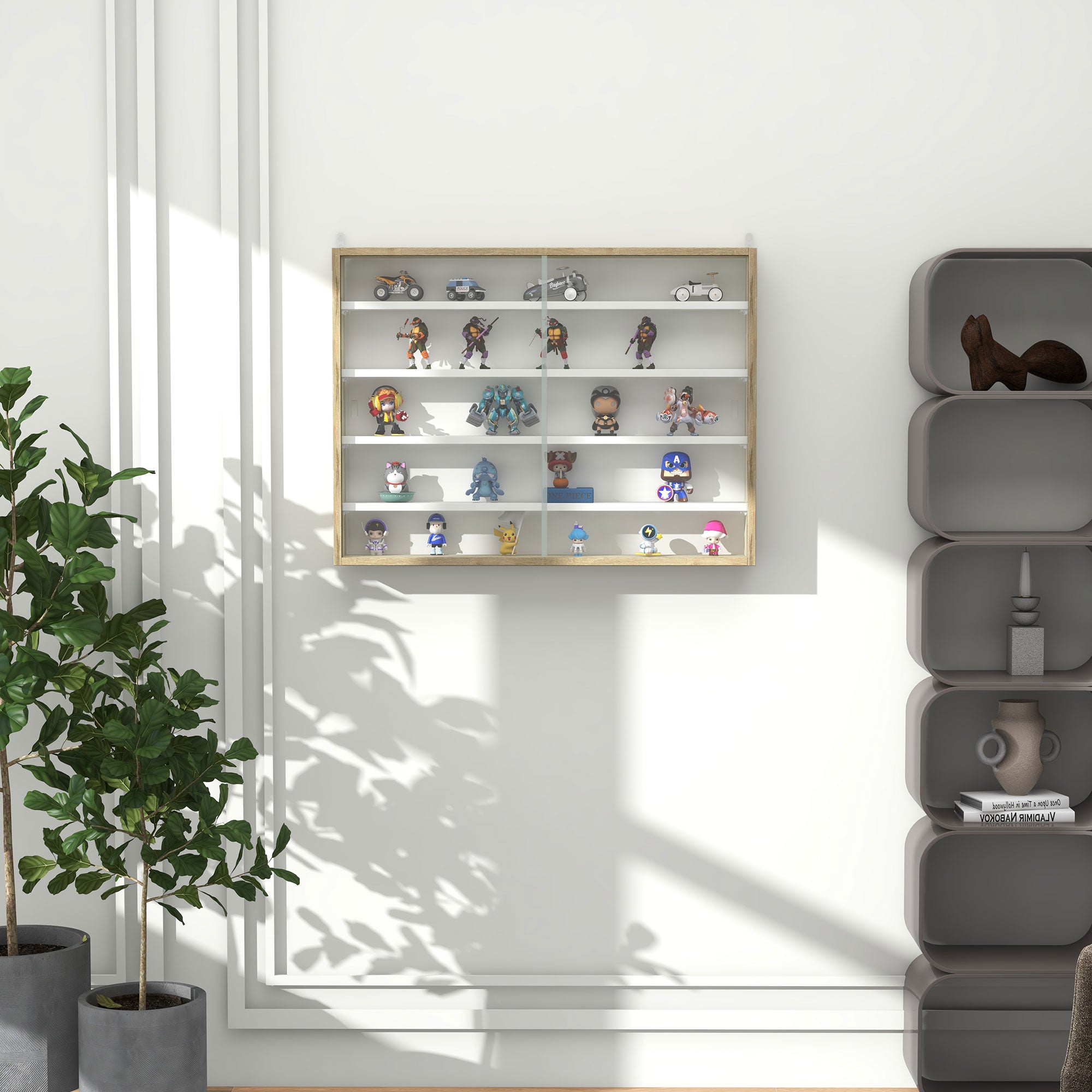HOMCOM 5-Tier Wall Display Shelf Unit Cabinet w/ 4 Adjustable Shelves Glass Doors Home Office Ornaments 60x80cm Natural - North Peak Garden Furniture