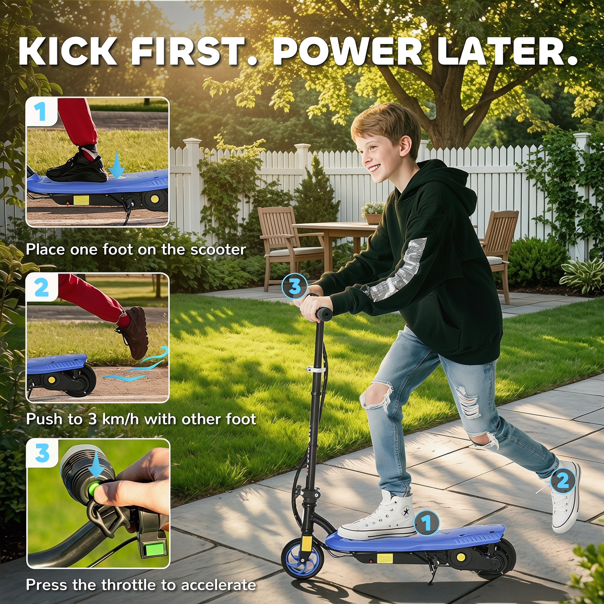 HOMCOM Foldable Electric Scooter, with LED Headlight, for Ages 7-14 Years - Blue
