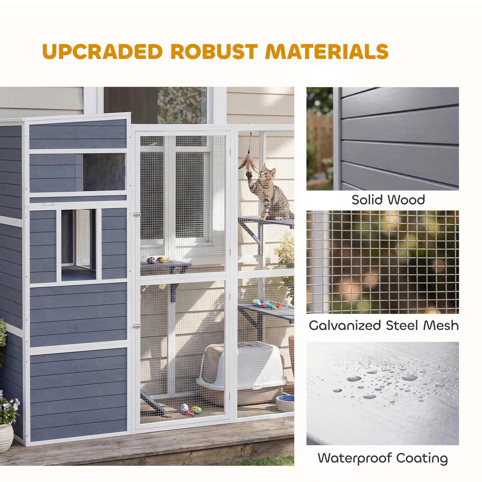 PawHut 4-Tier Wooden Catio Cat Outdoor Enclosure with Sun Roof, Resting Rooms, 3 Platforms, Window Outdoor Indoor, Grey