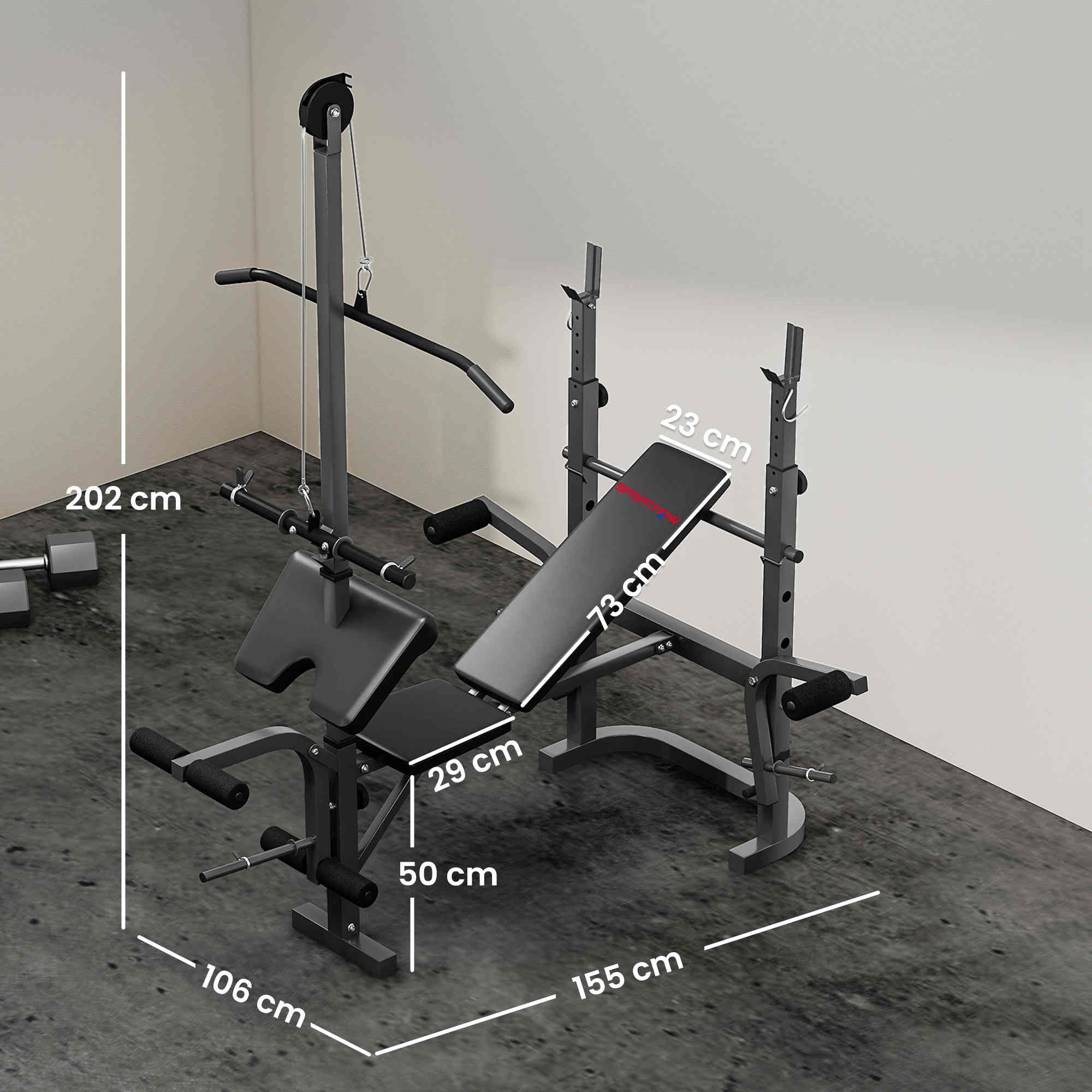 SPORTNOW Adjustable Weight Bench with Bench Press Rack, Preacher Curl Bench, Leg Extension and Lat Pull Down Machine, Incline or Flat Workout Bench for Home Gym Strength Training Weight Lifting