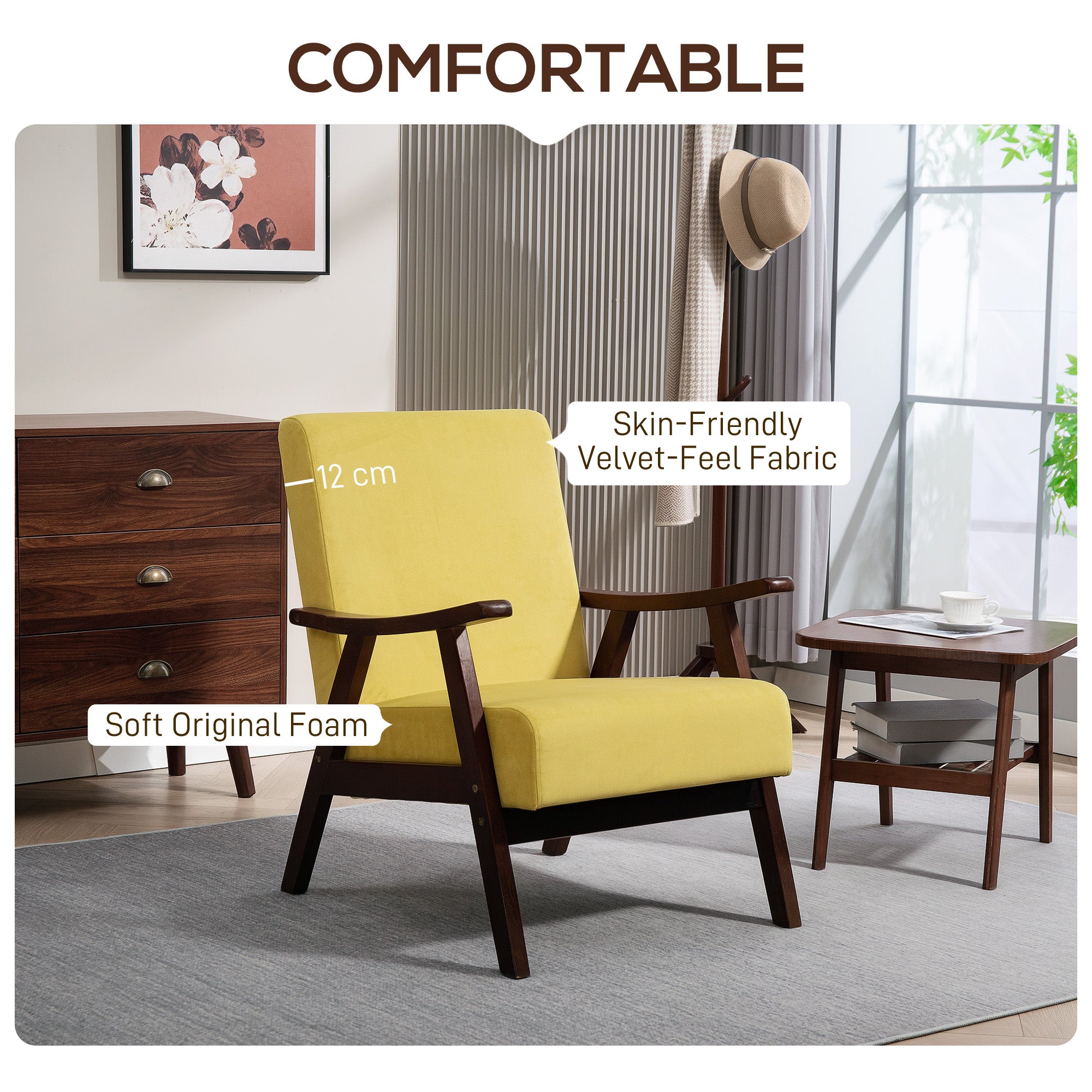 HOMCOM Nordic Accent Chair, Upholstered Velvet Armchair with Solid Wood Frame and Soft Thick Padded for Living Room, Bedroom, Champagne - North Peak Garden Furniture