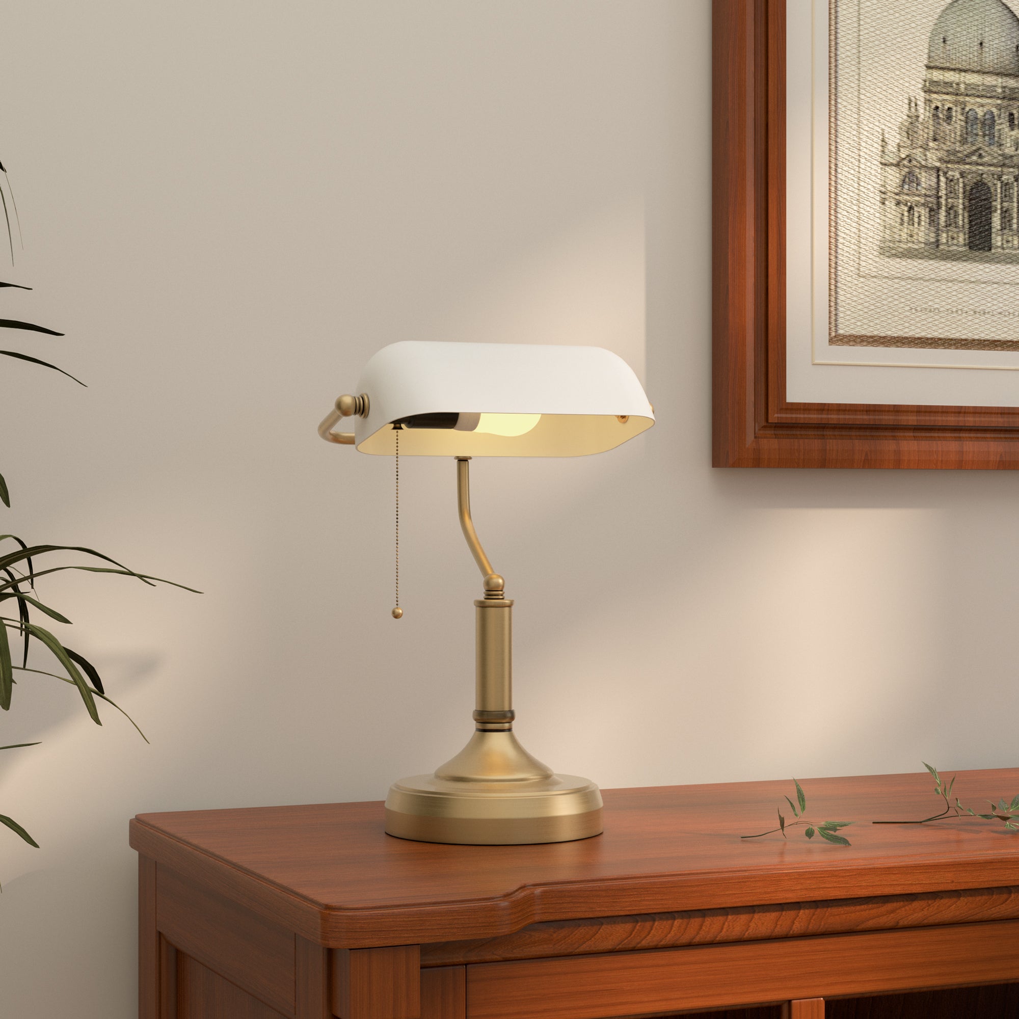 HOMCOM Banker's Desk Lamp with Antique Bronze Tone Base, Table Lamp with White Glass Shade for Home Office, White - North Peak Garden Furniture