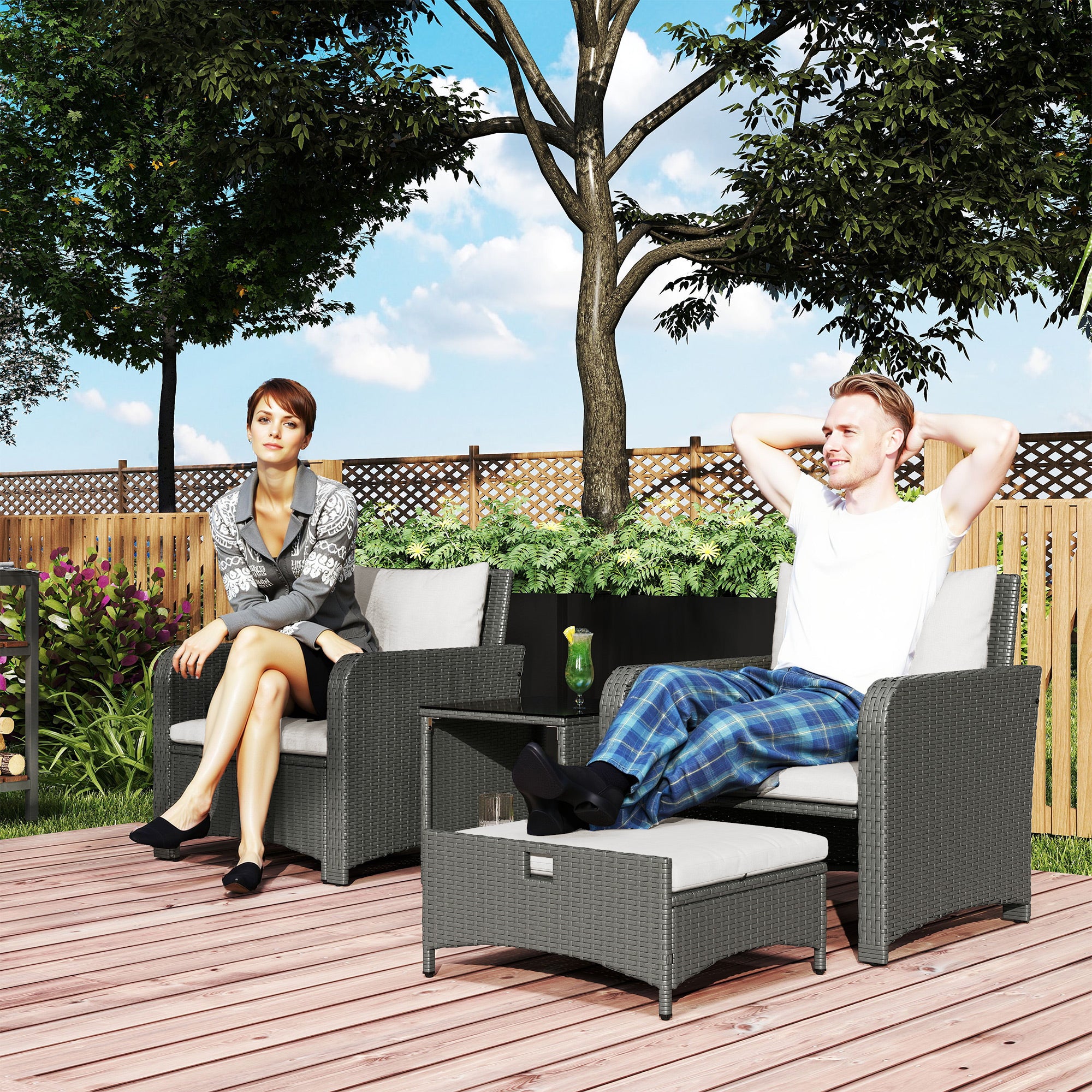 Outsunny Five Piece Rattan Garden Furniture Set with 2-Tier Coffee Table and Ottomans - Cream White - North Peak Garden Furniture