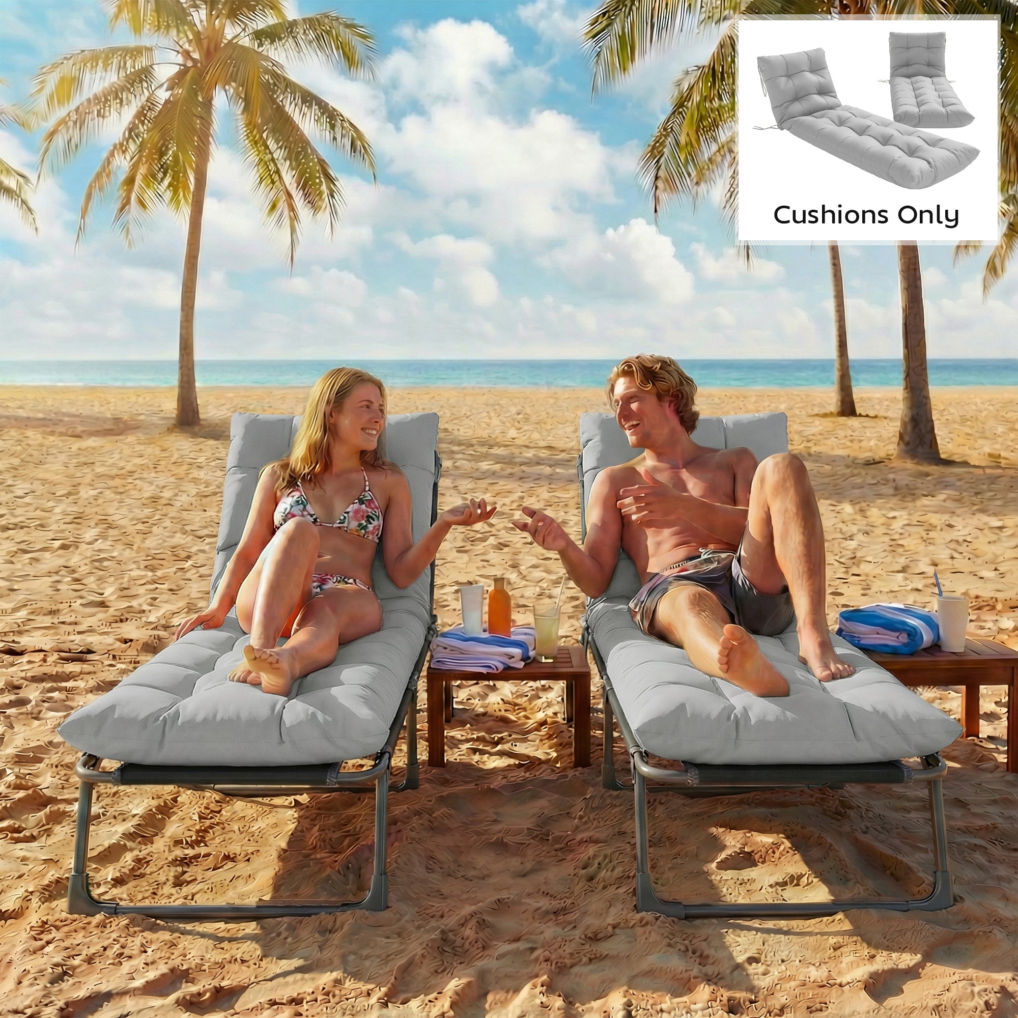 Outsunny Sun Lounger Cushions Only, Garden Lounge Chair Cushions Set of 2, Sunbed Replacement Pads with 4 Ties, Light Grey
