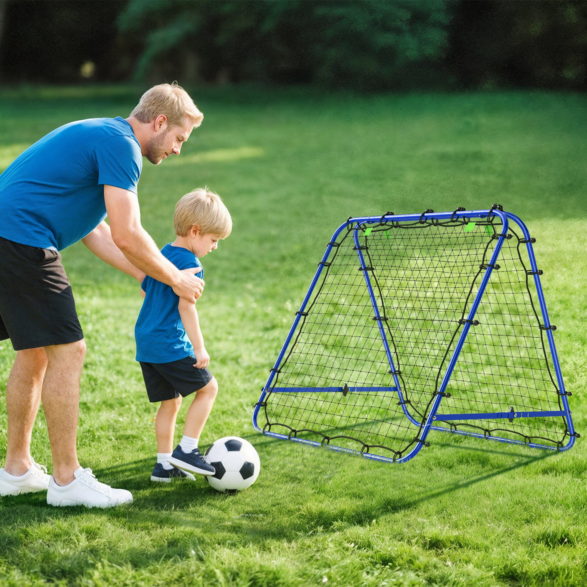 HOMCOM Double Sided Football Rebounder Net, Football Rebound Goal with 5 Adjustable Angles, Blue