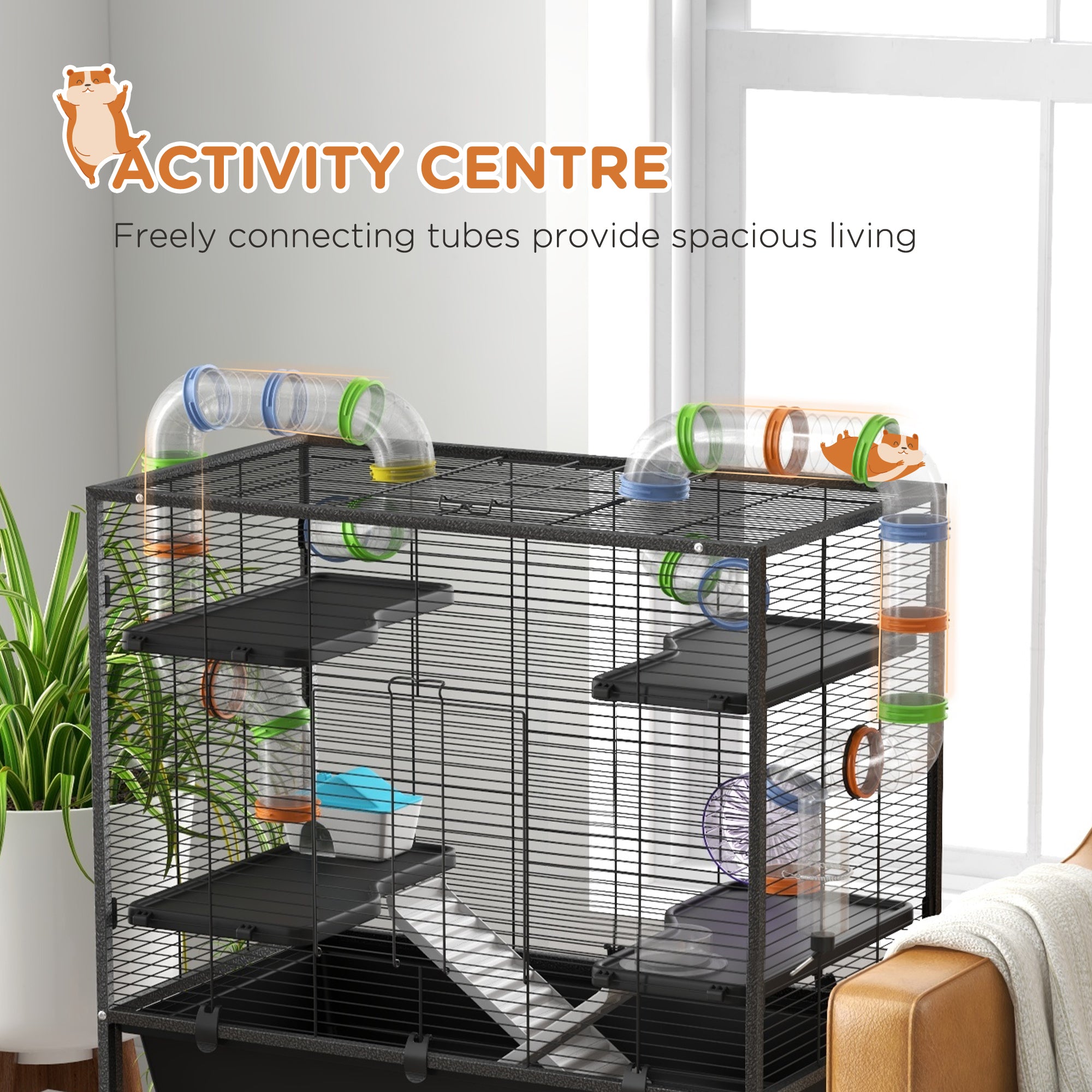 PawHut Large Hamster Cage, Gerbil Cage with Tubes, Storage Shelf, Ramps, Platforms, Running Wheel - Black - North Peak Garden Furniture