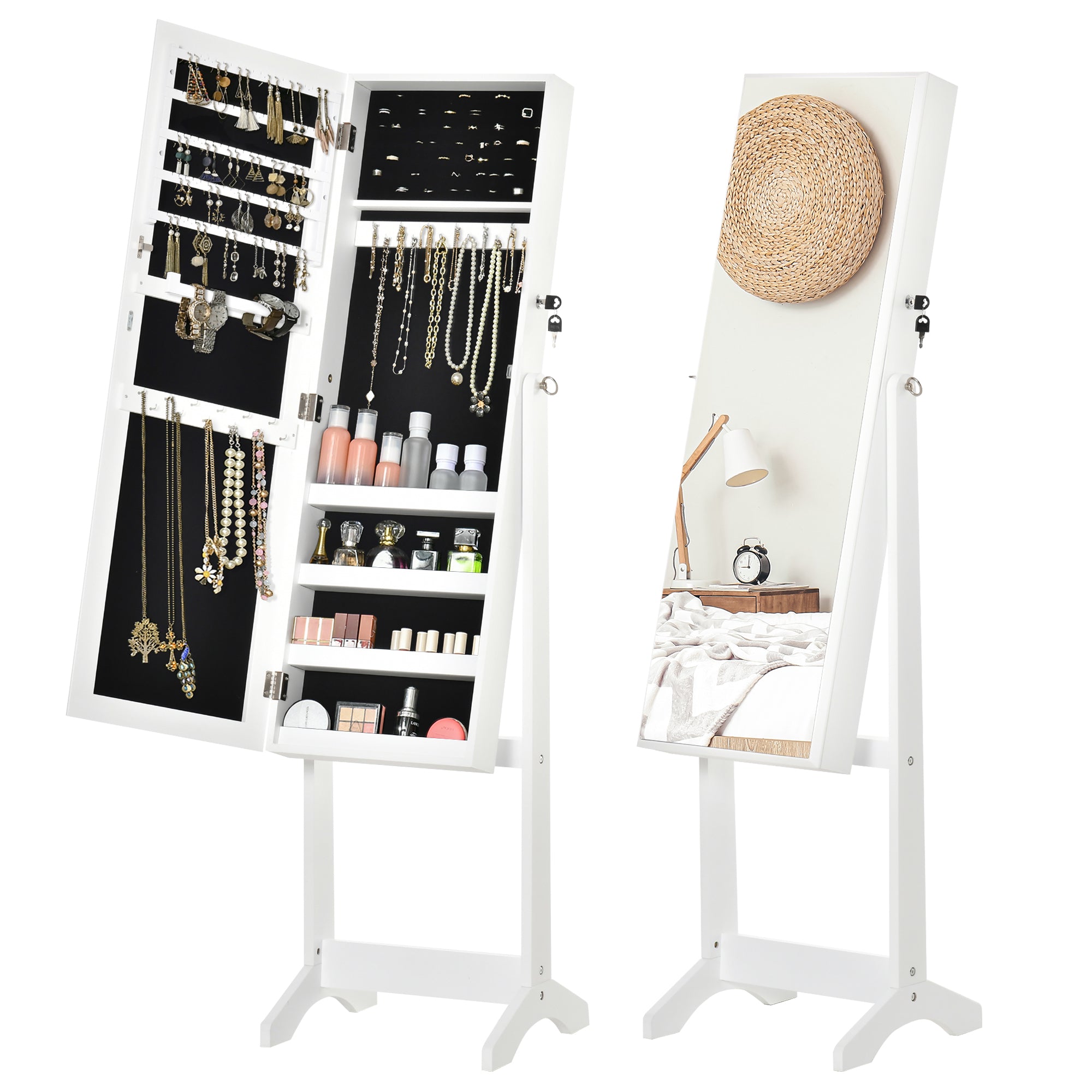HOMCOM Full Length Mirror with Storage, Jewellery Cabinet with Mirror, Adjustable Angle and Stand, Lockable Jewellery Organiser for Bedroom Dressing Room, White - North Peak Garden Furniture
