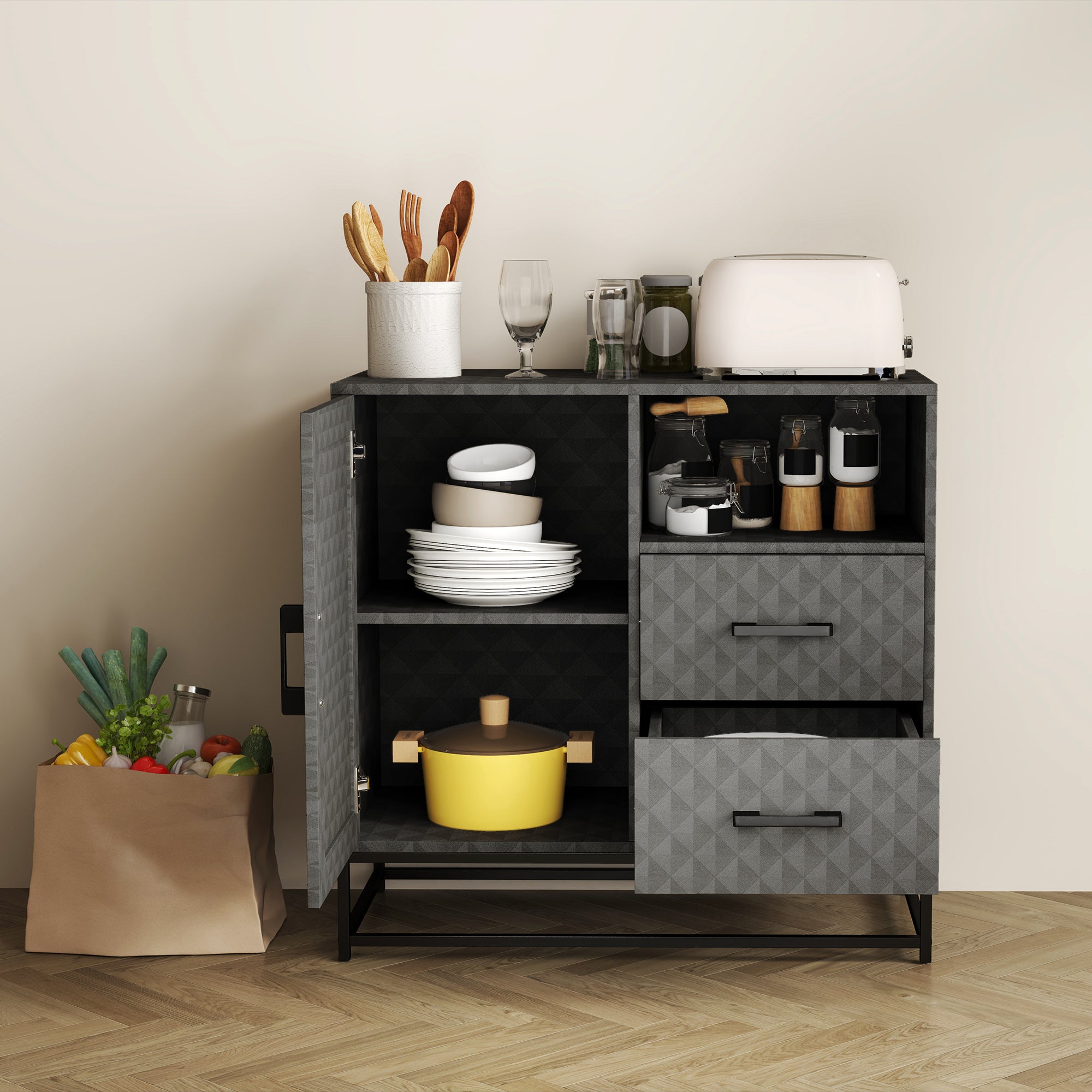 HOMCOM Sideboard with Adjustable Shelf, Freestanding Sideboard Storage Cabinet with Open Compartment and 2 Drawers, Grey - North Peak Garden Furniture