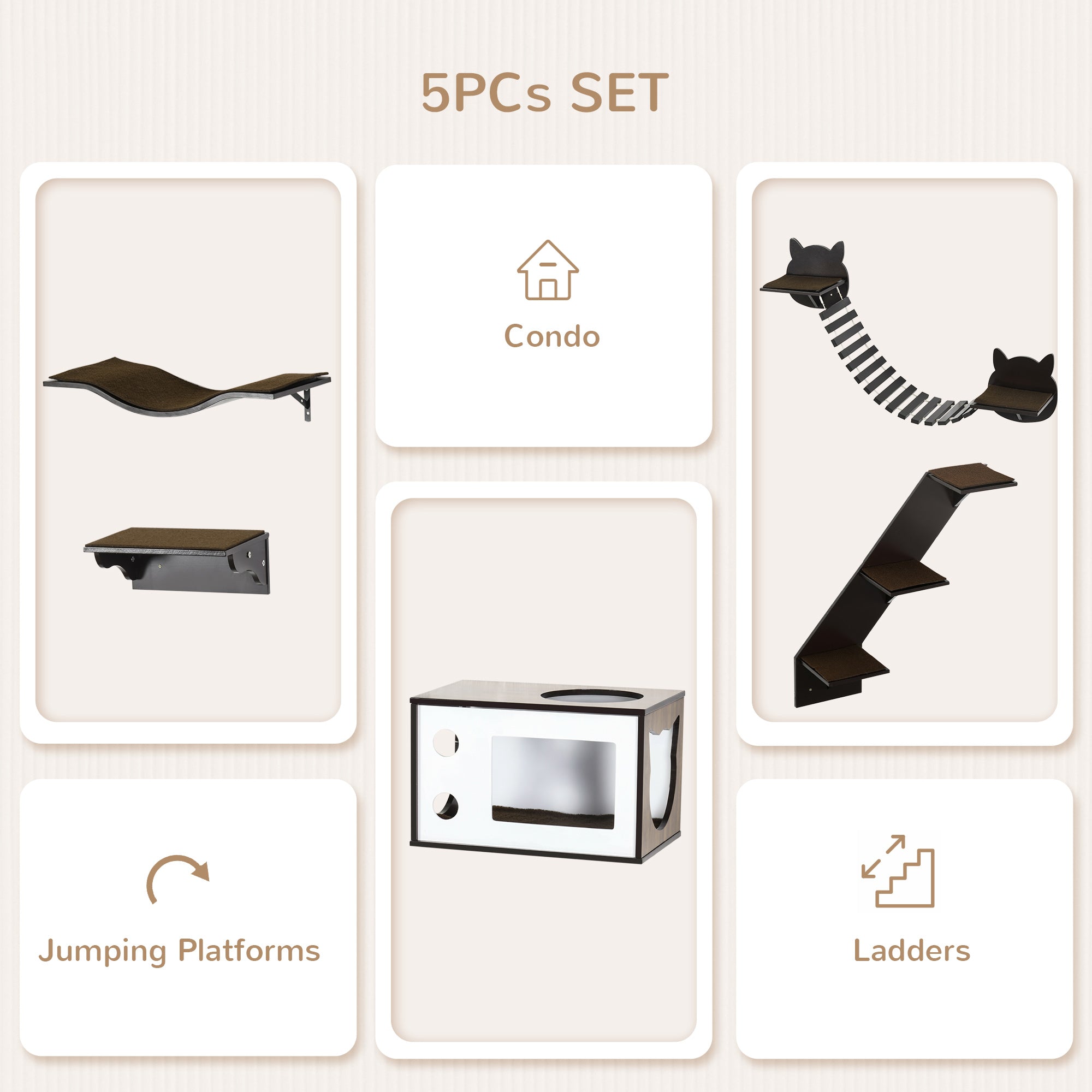 PawHut 5 Piece Cat Wall Shelves, Wall-Mounted Cat Tree for Indoor Use - Brown - North Peak Garden Furniture
