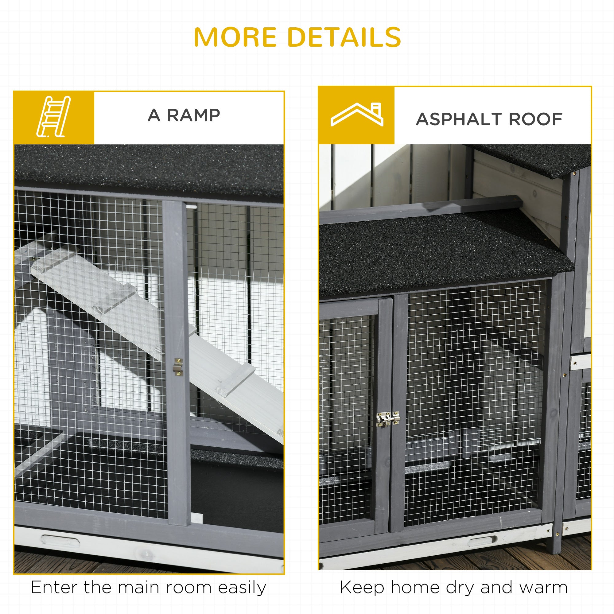 PawHut 2-Tier Large Rabbit Hutch Outdoor with Double Side Run Boxes, No-leak Plastic Tray, Ramp, 230 x 53 x 93.5cm, Light Grey - North Peak Garden Furniture