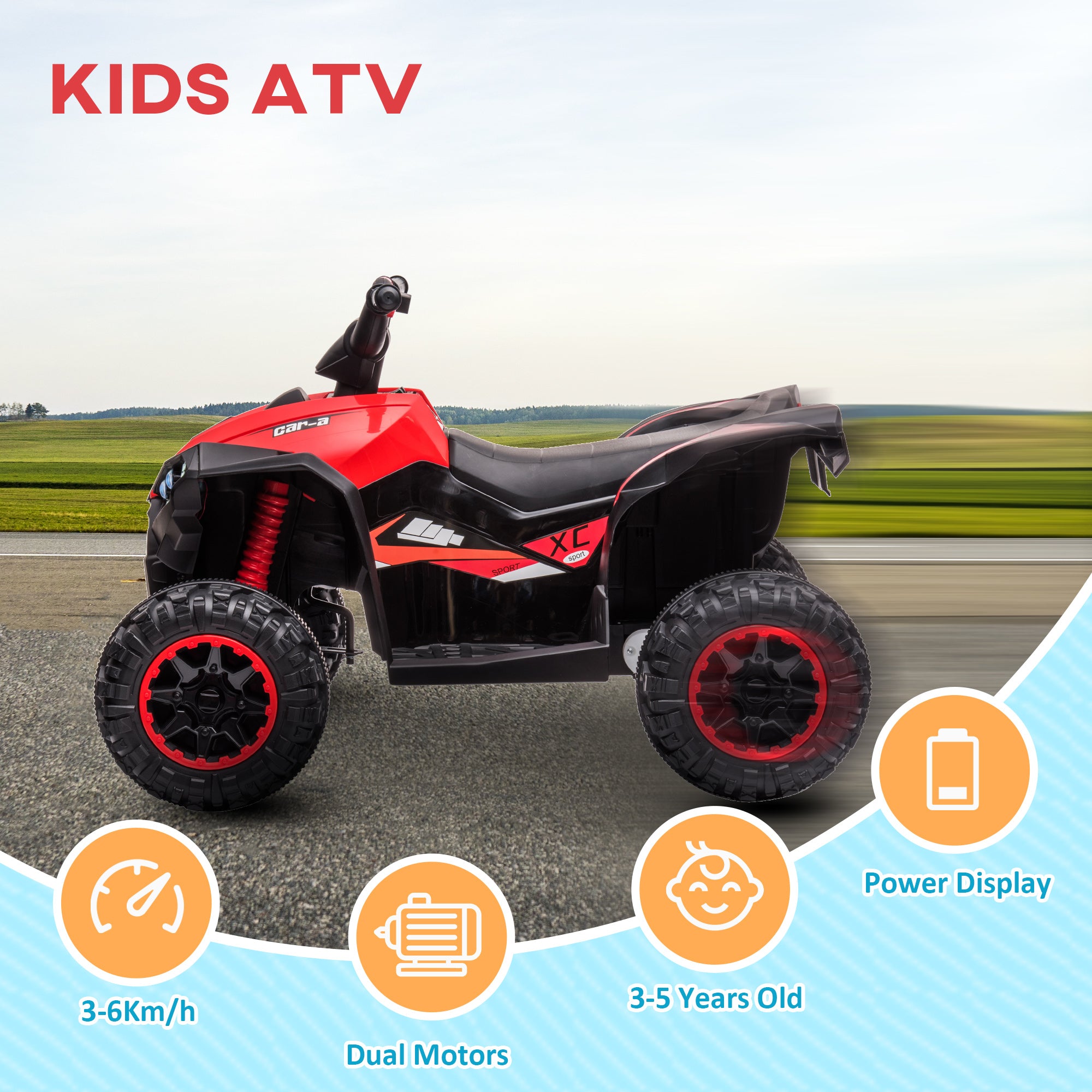 HOMCOM 12V Ride-On Quad Bike w/ Music, Horn, for Ages 3-5 Years - Red - North Peak Garden Furniture