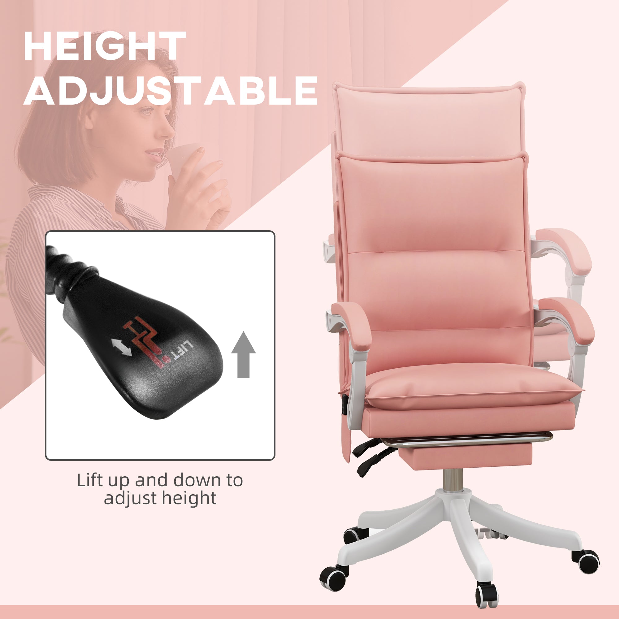 Vinsetto Massage Office Chair with Heat, Ergonomic Computer Desk Chairs, Faux Leather Desk Chair with Footrest, Armrest and Reclining Backrest, Pink