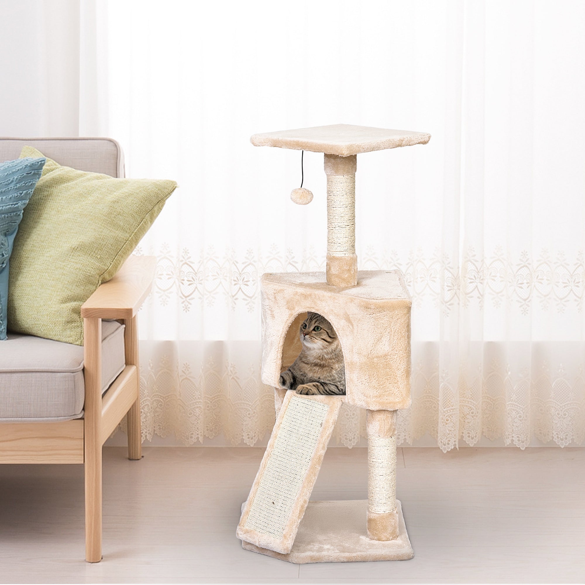 PawHut Corner Cat Tree for Indoor Cats, Kitten Tower with Scratching Post House Ladder Toy - Beige - North Peak Garden Furniture