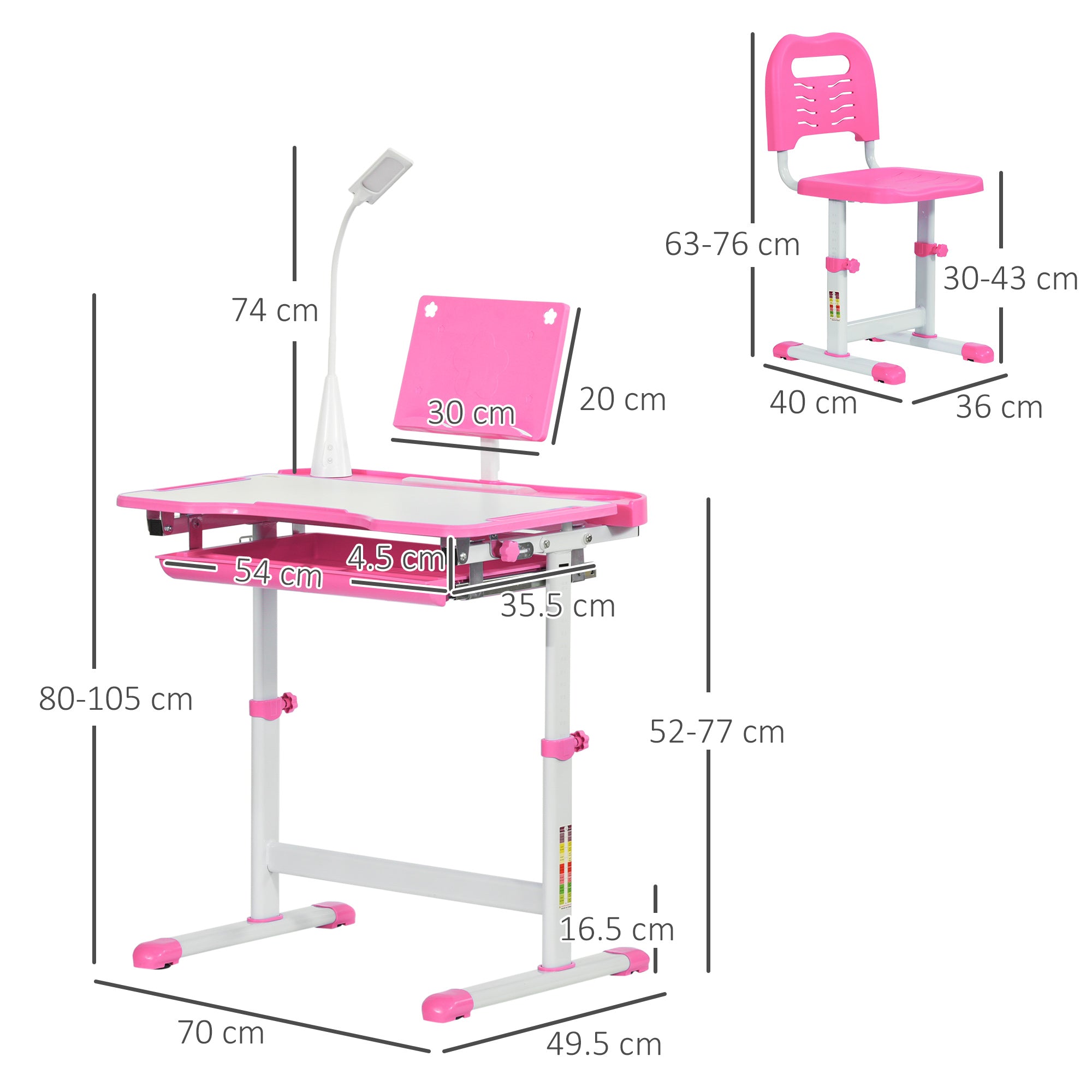 HOMCOM Kids Study Desk and Chair Set w/ Adjustable Height, Storage, Drawer, Pink