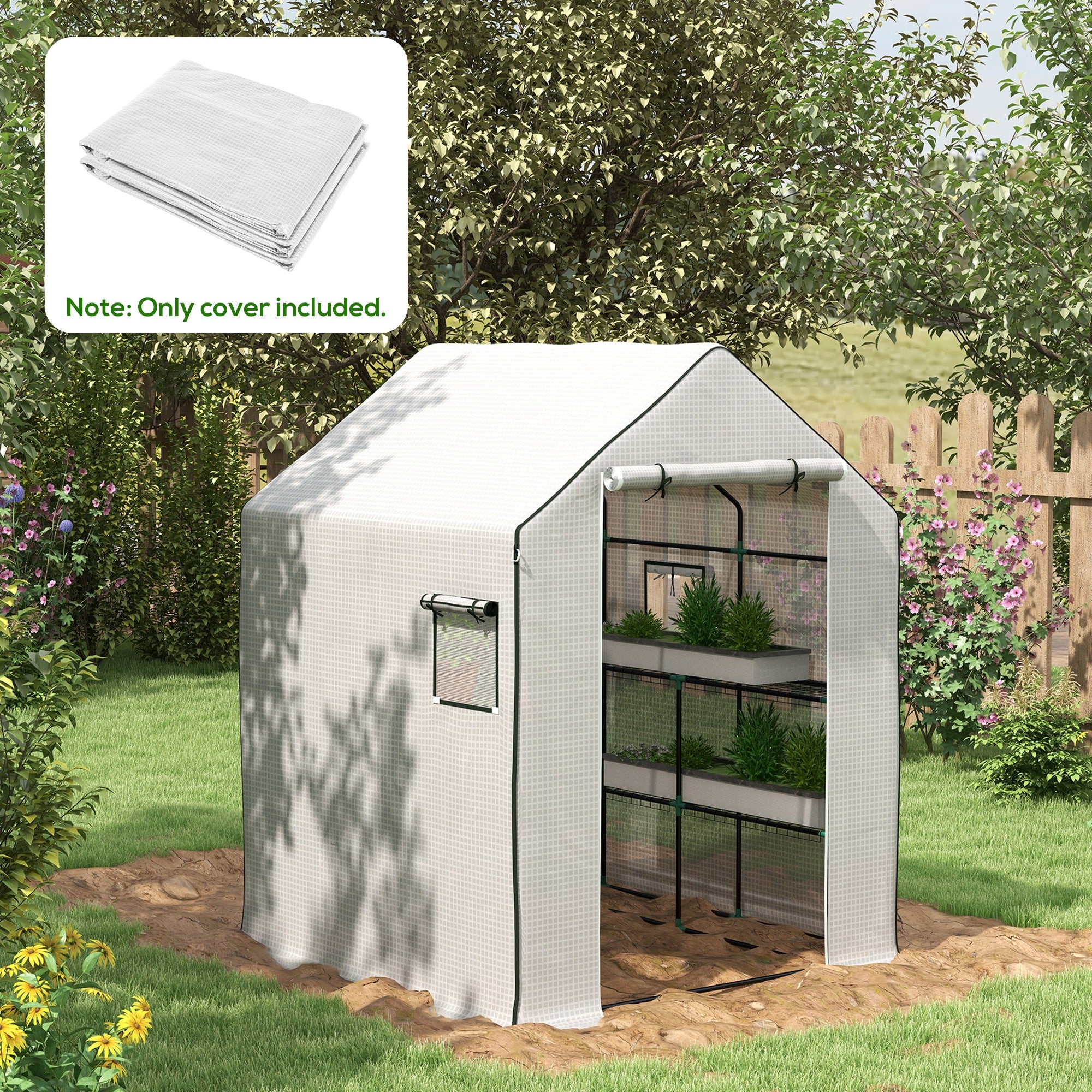 Outsunny Greenhouse Cover Replacement Walk-in PE Hot House Cover with Roll-up Door and Windows, 140 x 143 x 190cm, White - North Peak Garden Furniture