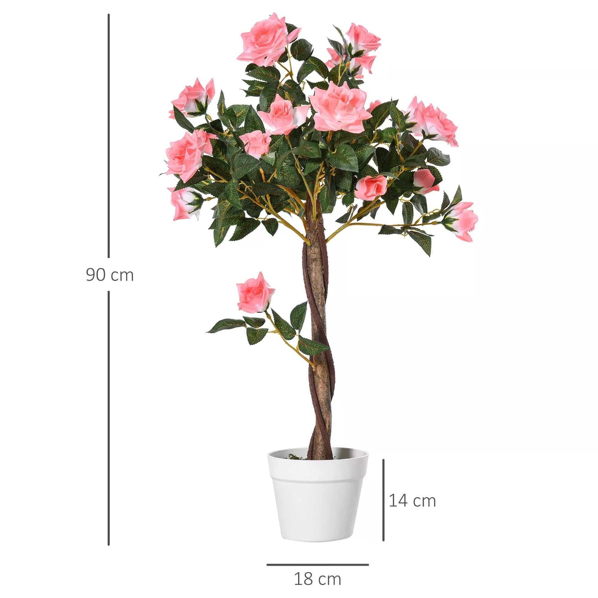 Outsunny Artificial Rose Tree: 90cm Fake Plant with 21 Flowers, Pink & Green Indoor/Outdoor Home Office Decor