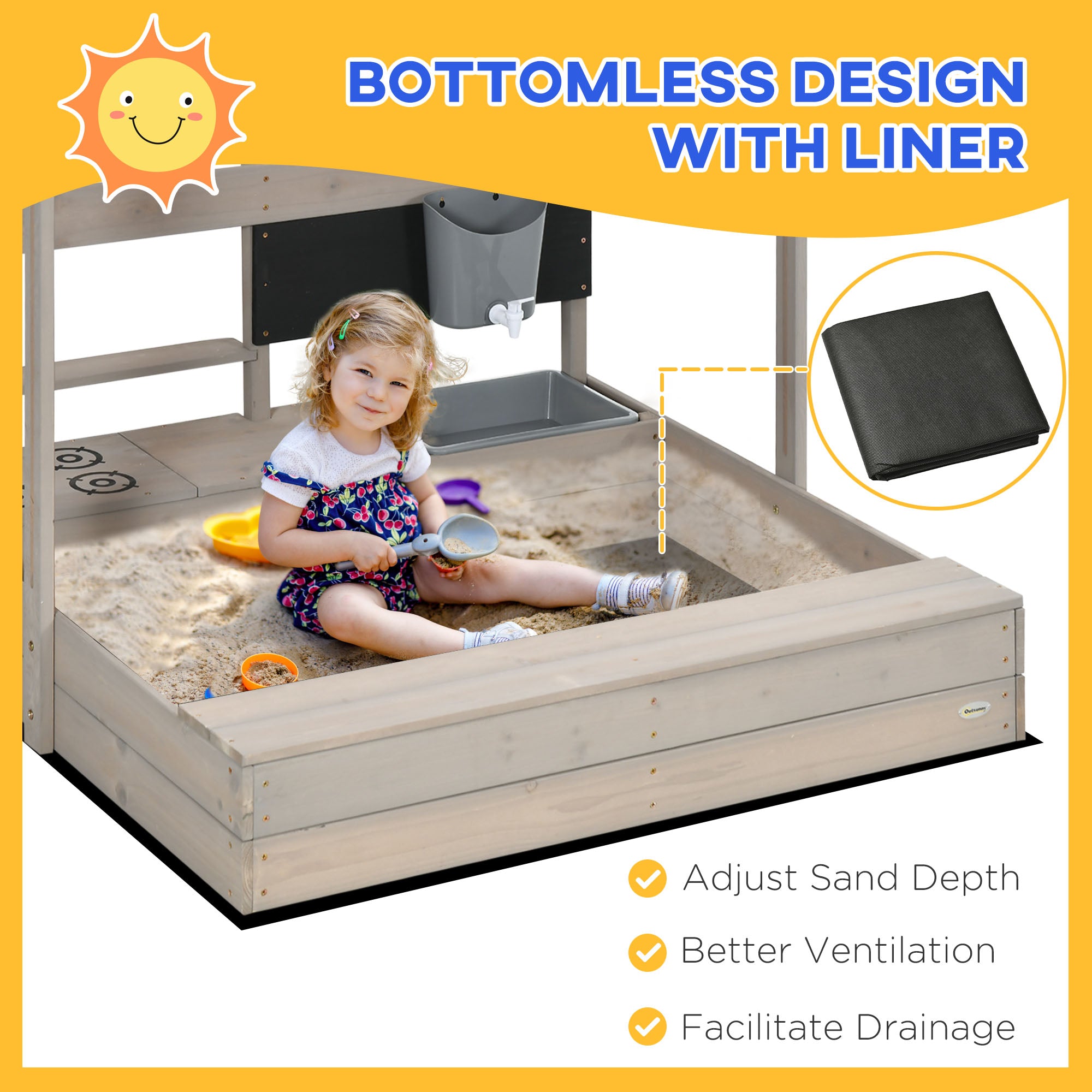 Outsunny Kids Wooden Sandbox w/ Canopy, Kitchen Toys, Seat, Storage, for 3-7 Years Old Outdoor Play - North Peak Garden Furniture
