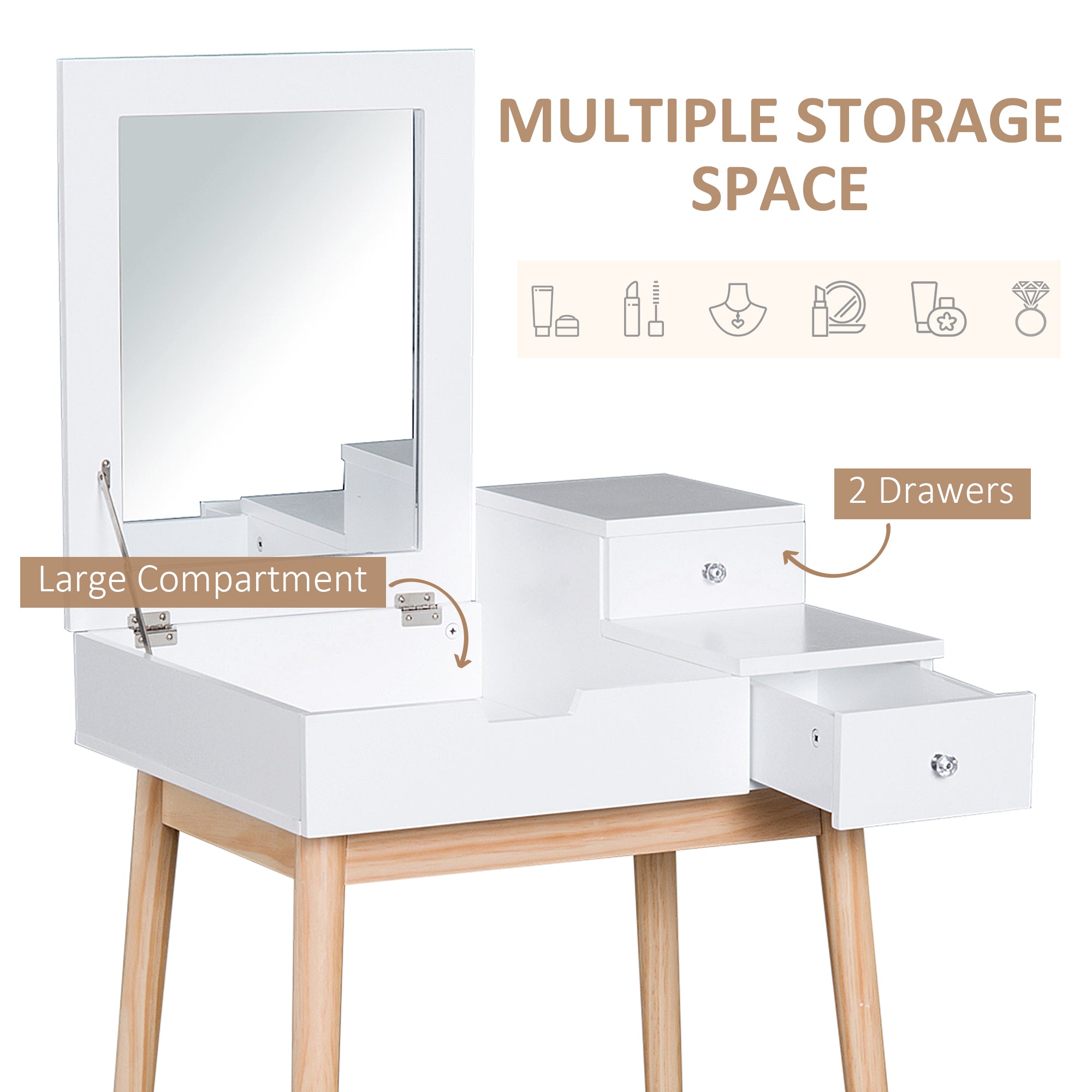 HOMCOM MDF,Pine Dressing Table Desk Flip-up Mirror Multi-purpose 2 Drawers Modern - White - North Peak Garden Furniture